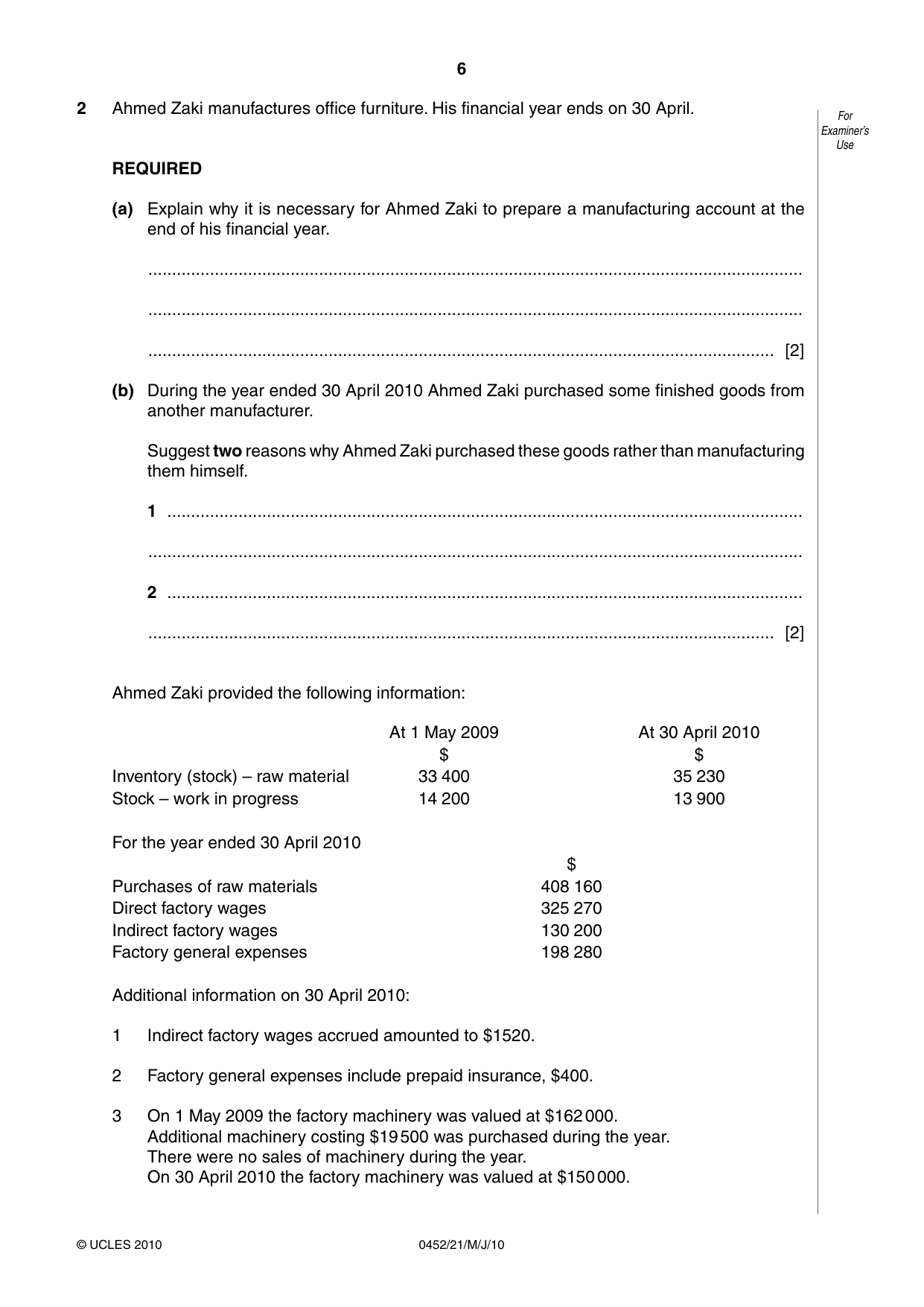 Cambridge IGCSE Accounting 0452 2010 May/June Paper 2 · Variant 1 question paper, page 6 of 20