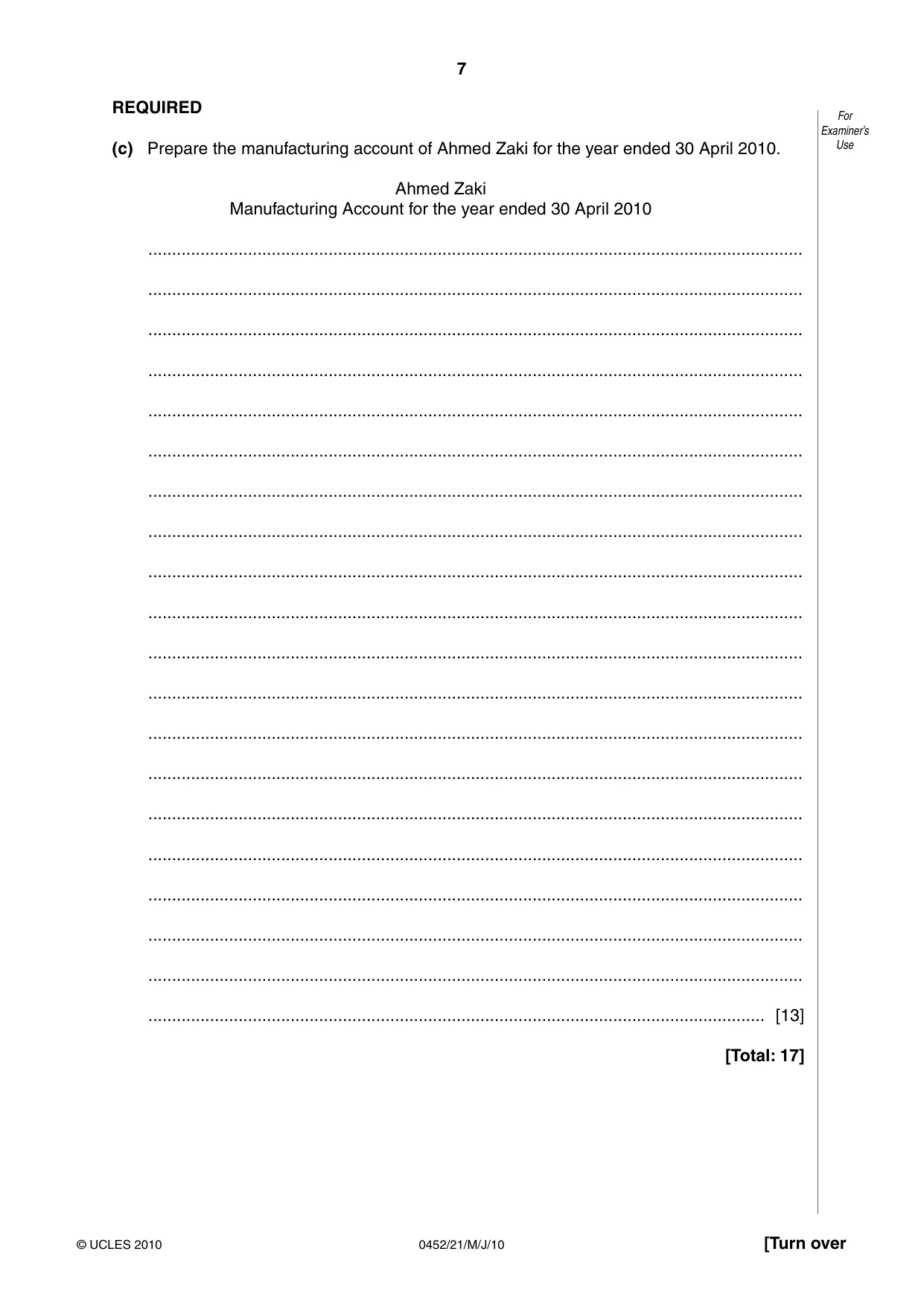Cambridge IGCSE Accounting 0452 2010 May/June Paper 2 · Variant 1 question paper, page 7 of 20
