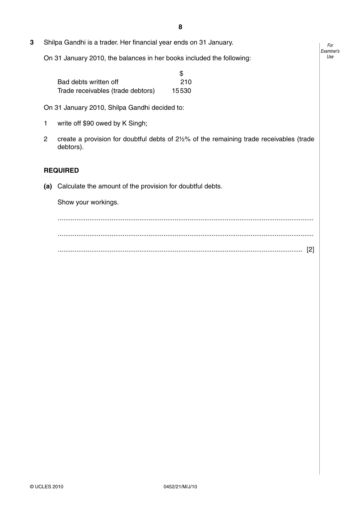 Cambridge IGCSE Accounting 0452 2010 May/June Paper 2 · Variant 1 question paper, page 8 of 20