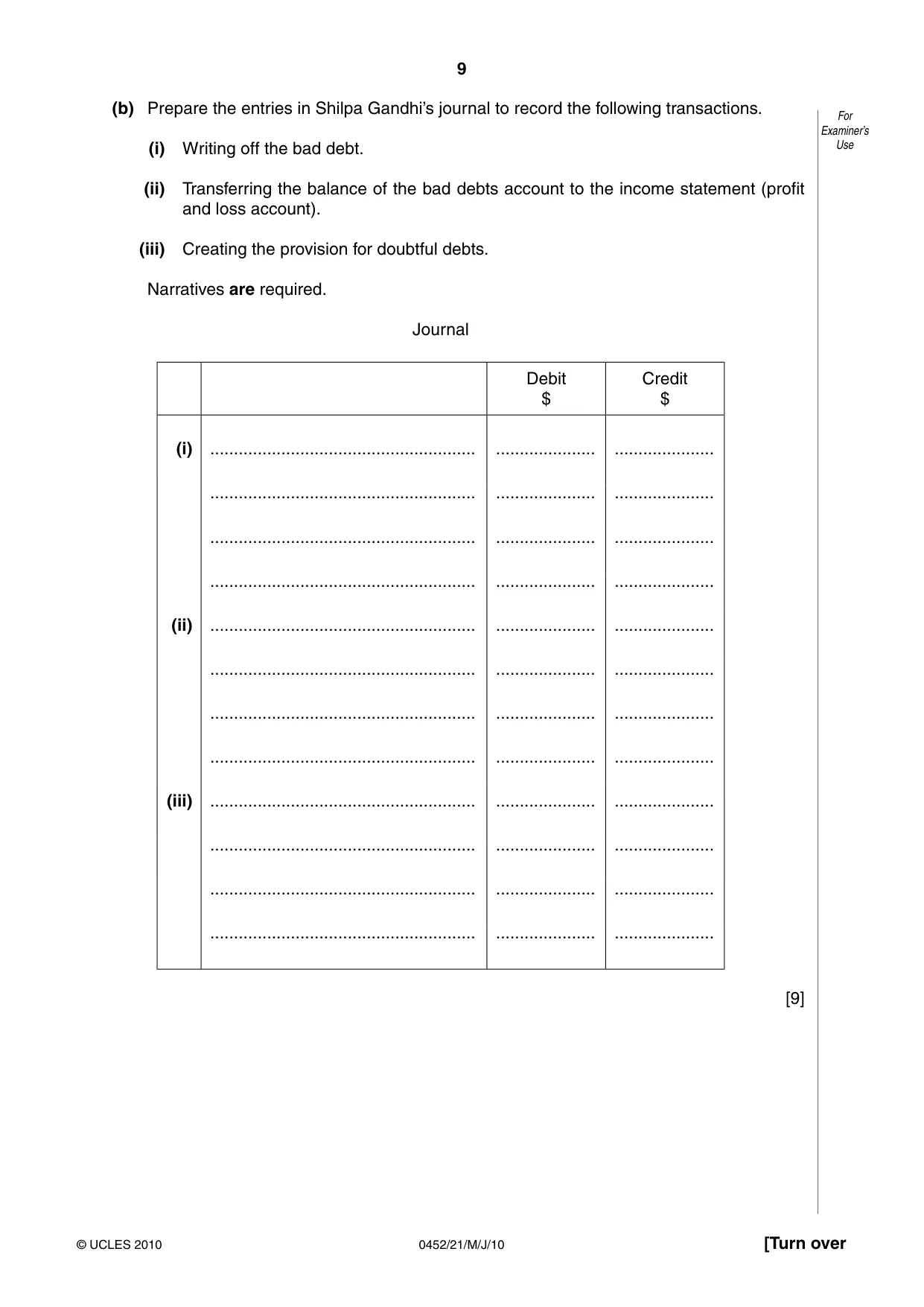 Cambridge IGCSE Accounting 0452 2010 May/June Paper 2 · Variant 1 question paper, page 9 of 20