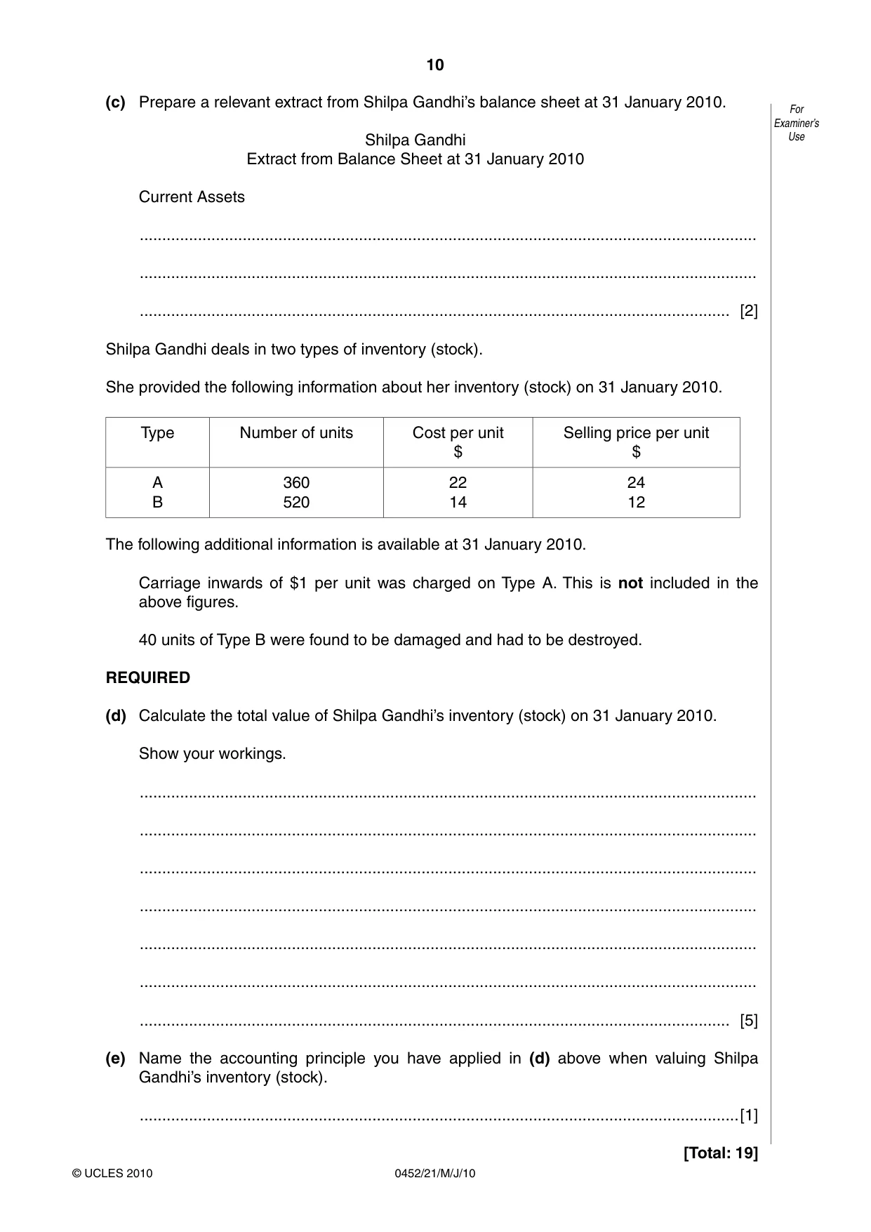 Cambridge IGCSE Accounting 0452 2010 May/June Paper 2 · Variant 1 question paper, page 10 of 20