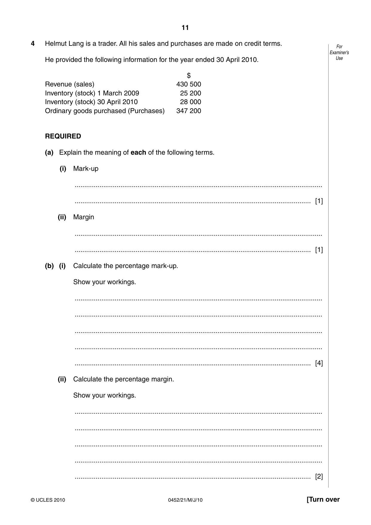 Cambridge IGCSE Accounting 0452 2010 May/June Paper 2 · Variant 1 question paper, page 11 of 20