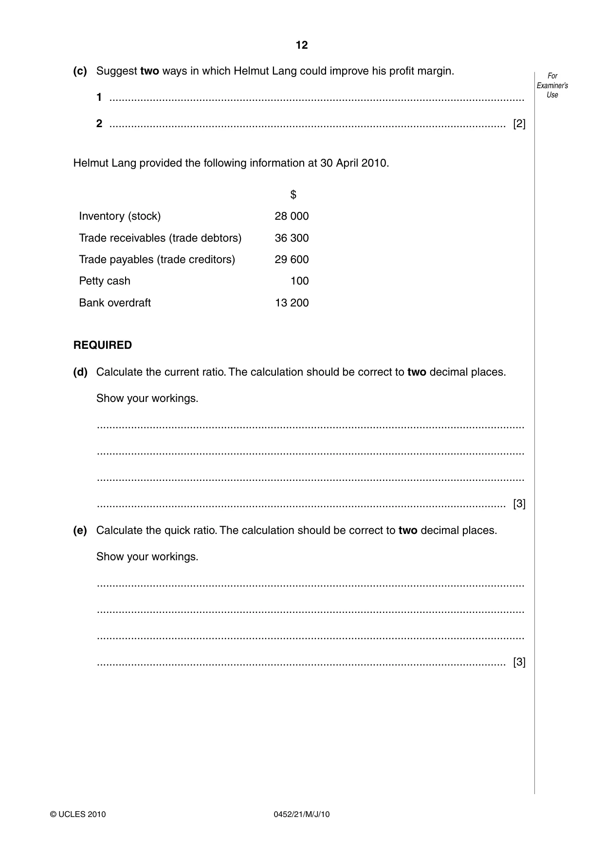 Cambridge IGCSE Accounting 0452 2010 May/June Paper 2 · Variant 1 question paper, page 12 of 20