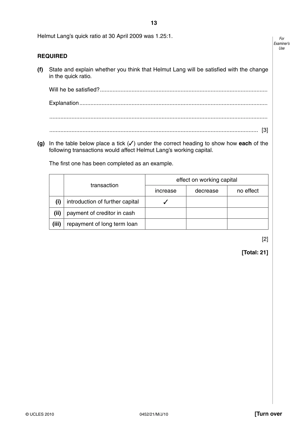 Cambridge IGCSE Accounting 0452 2010 May/June Paper 2 · Variant 1 question paper, page 13 of 20