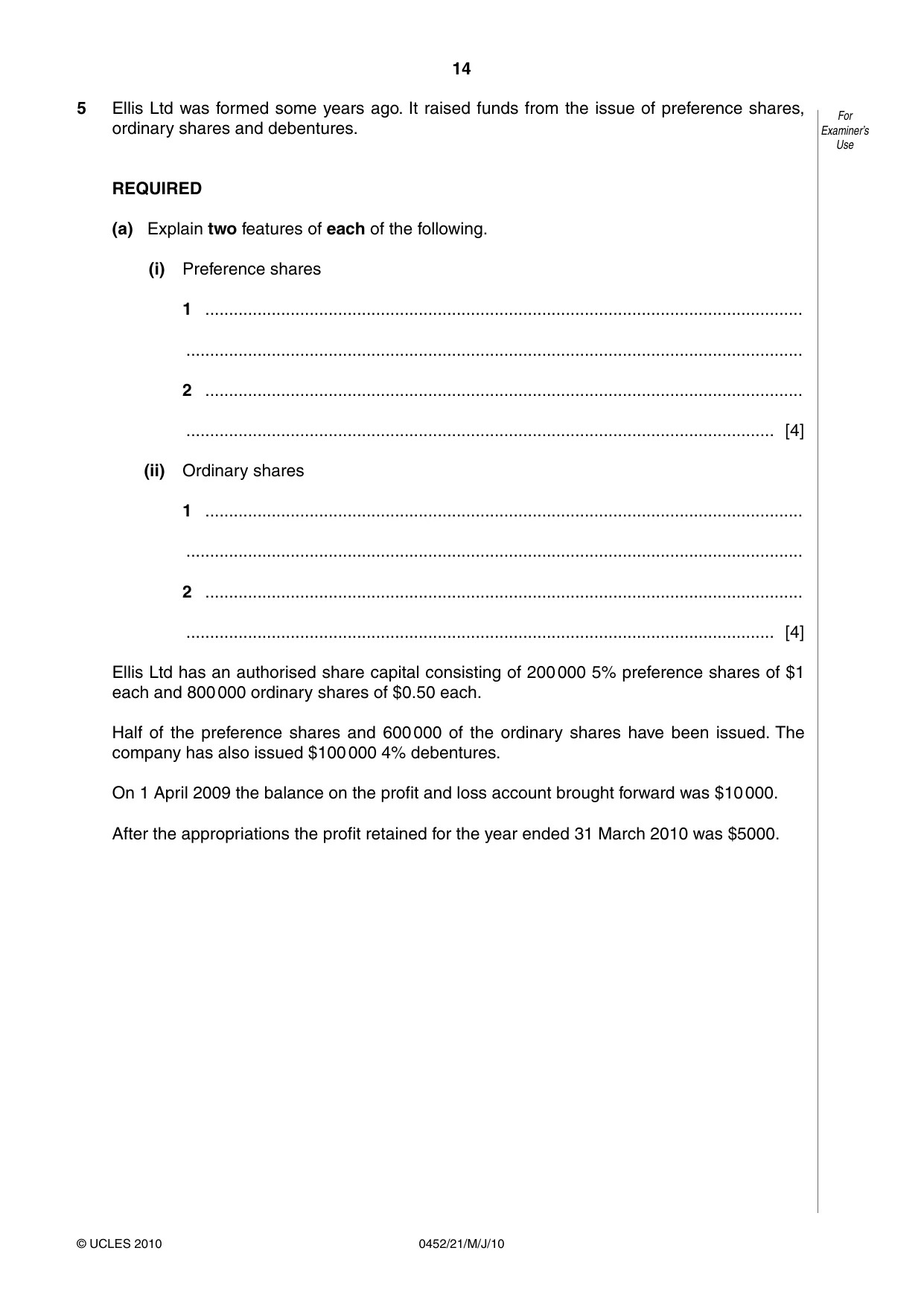 Cambridge IGCSE Accounting 0452 2010 May/June Paper 2 · Variant 1 question paper, page 14 of 20