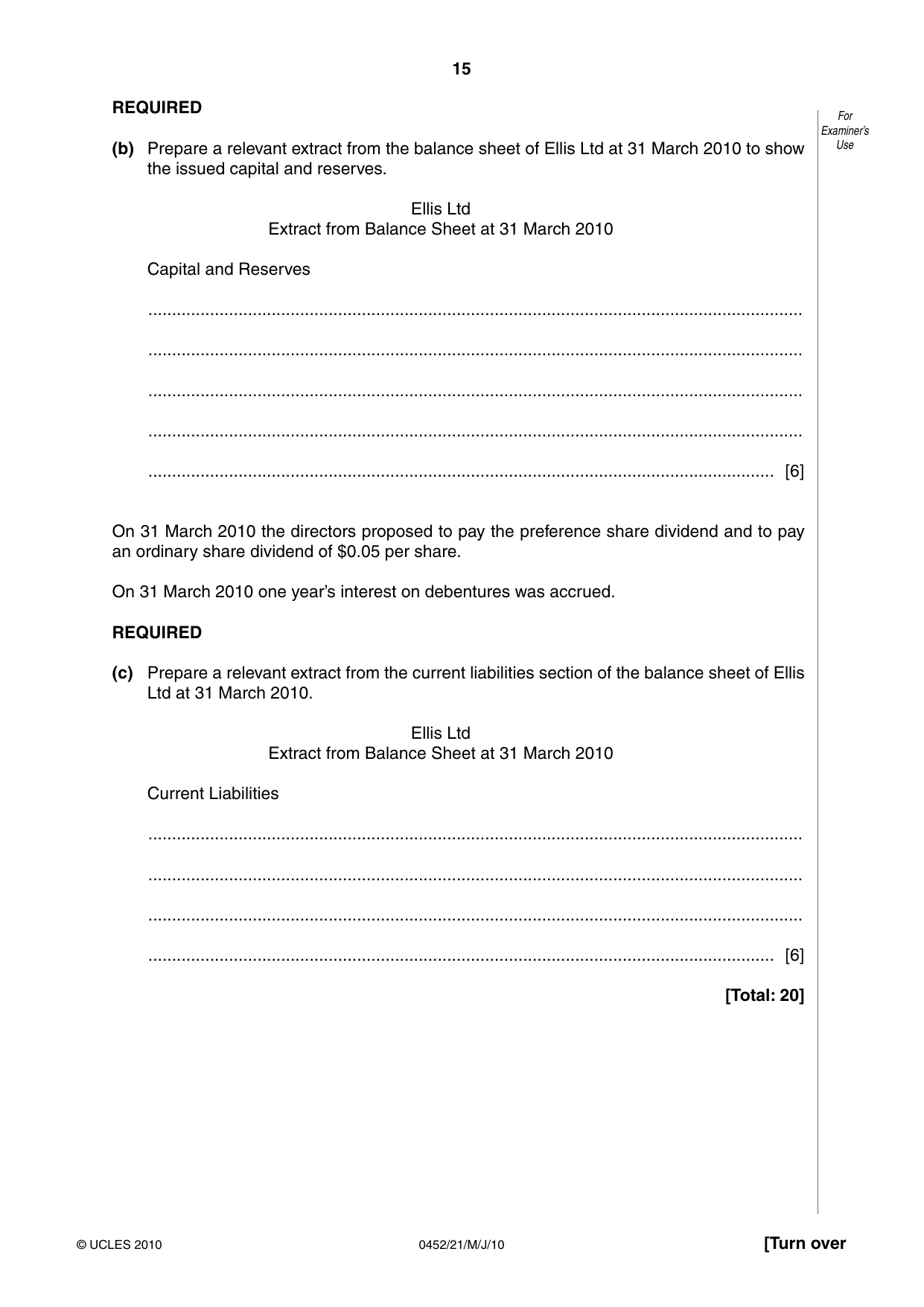 Cambridge IGCSE Accounting 0452 2010 May/June Paper 2 · Variant 1 question paper, page 15 of 20