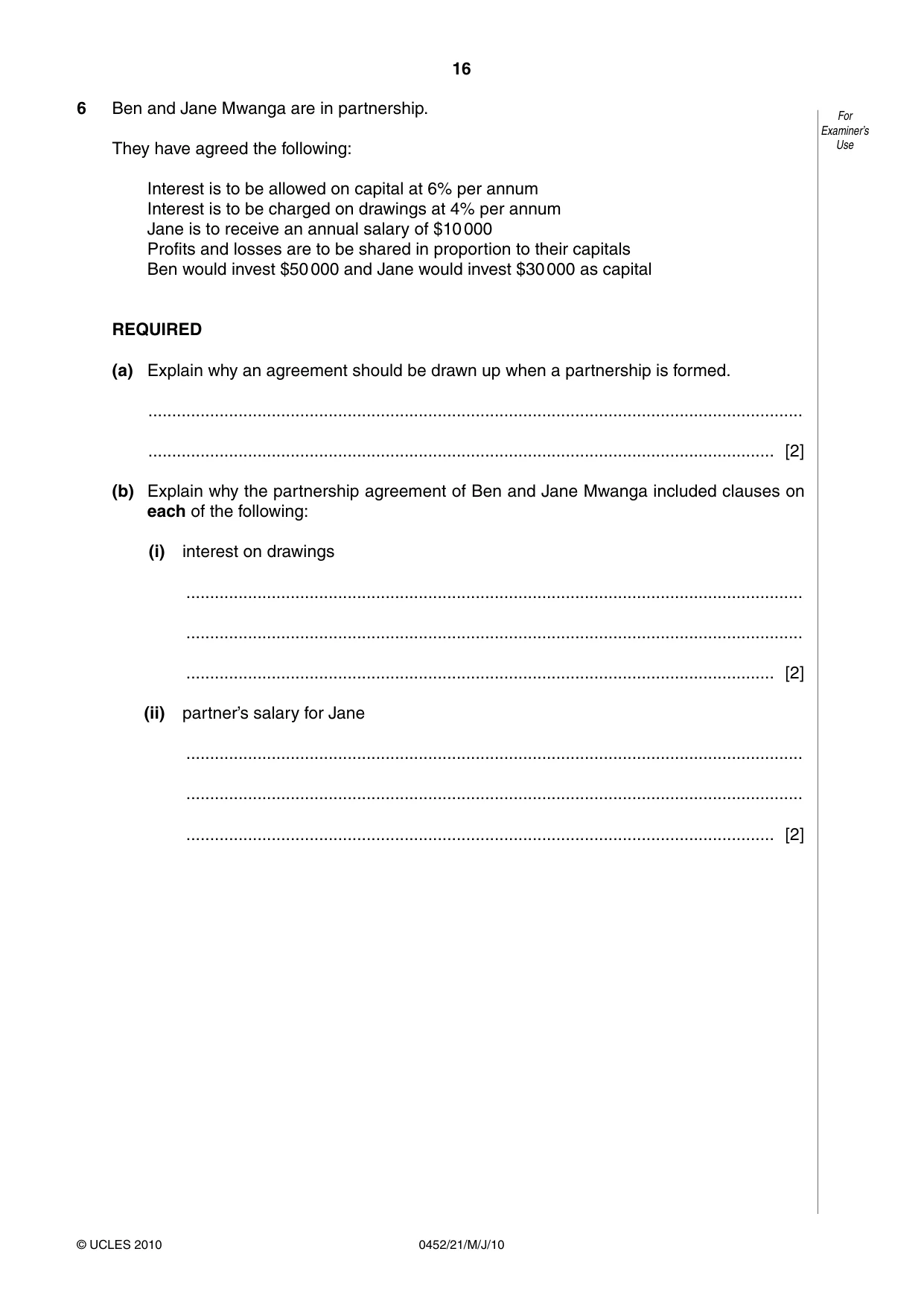 Cambridge IGCSE Accounting 0452 2010 May/June Paper 2 · Variant 1 question paper, page 16 of 20