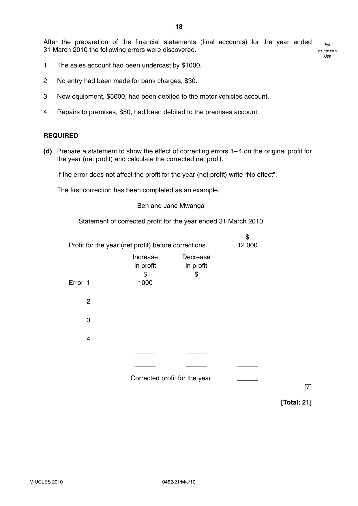 Cambridge IGCSE Accounting 0452 2010 May/June Paper 2 · Variant 1 question paper, page 18 of 20
