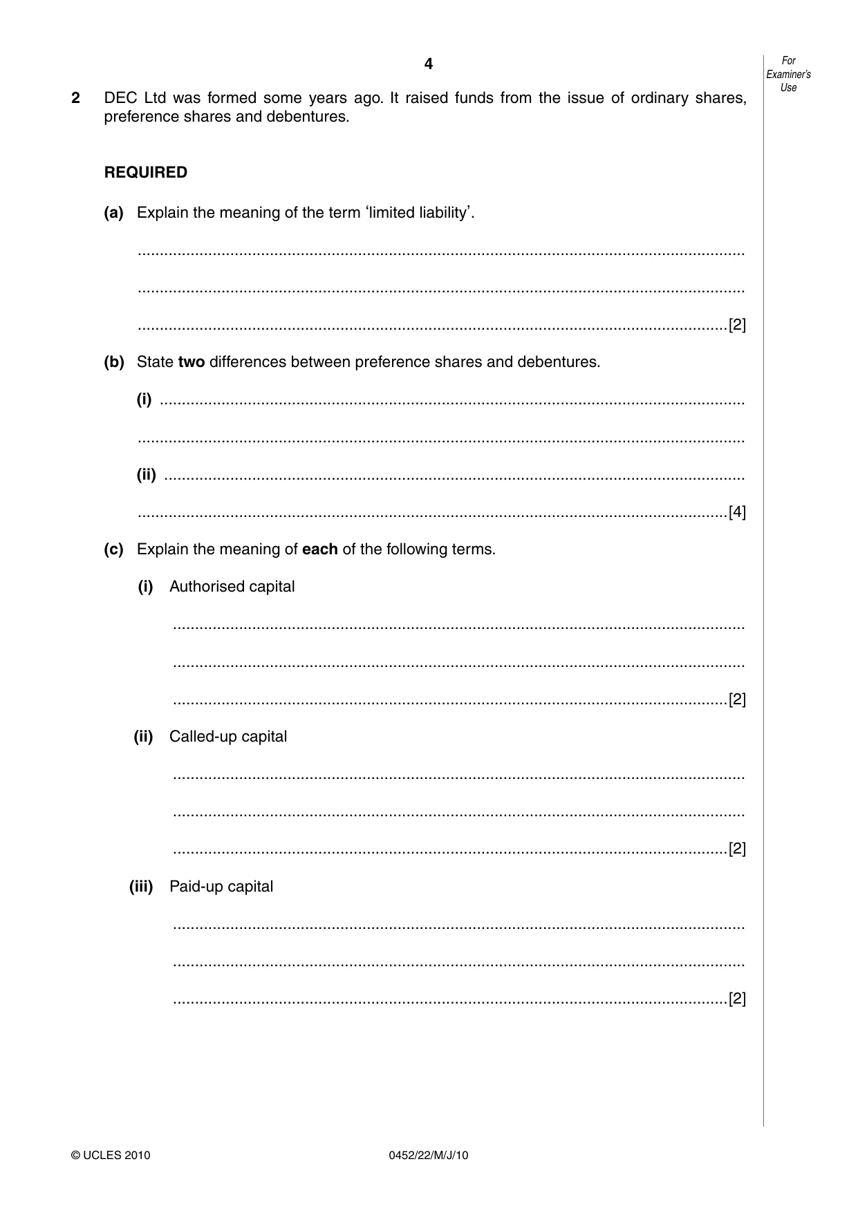 Cambridge IGCSE Accounting 0452 2010 May/June Paper 2 · Variant 2 question paper, page 4 of 16