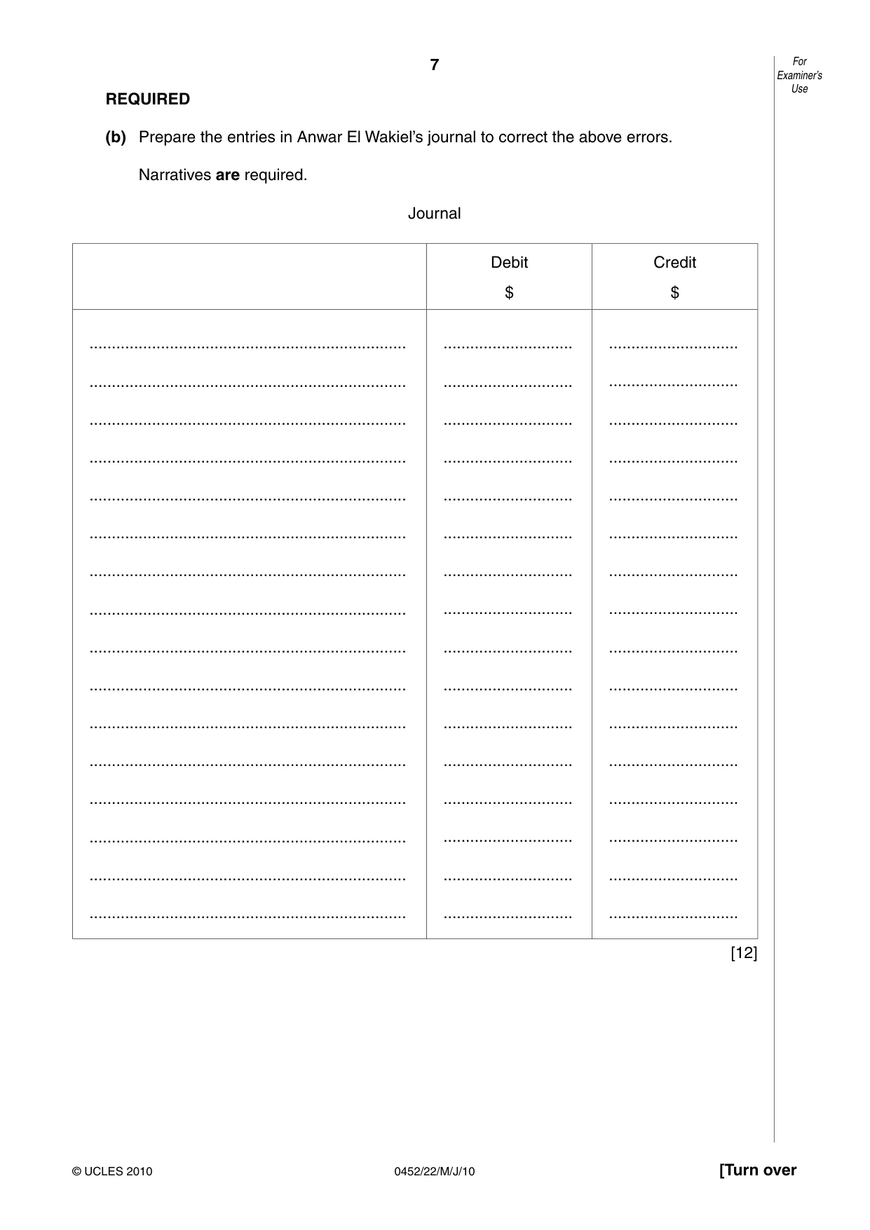 Cambridge IGCSE Accounting 0452 2010 May/June Paper 2 · Variant 2 question paper, page 7 of 16