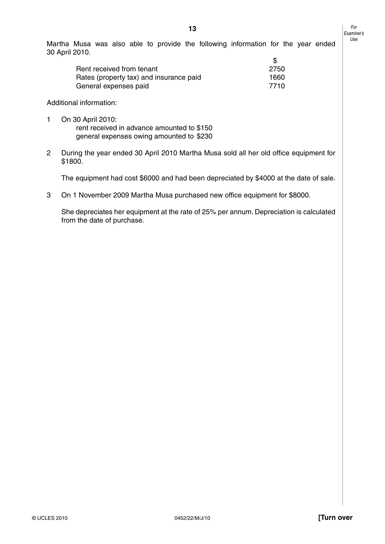 Cambridge IGCSE Accounting 0452 2010 May/June Paper 2 · Variant 2 question paper, page 13 of 16