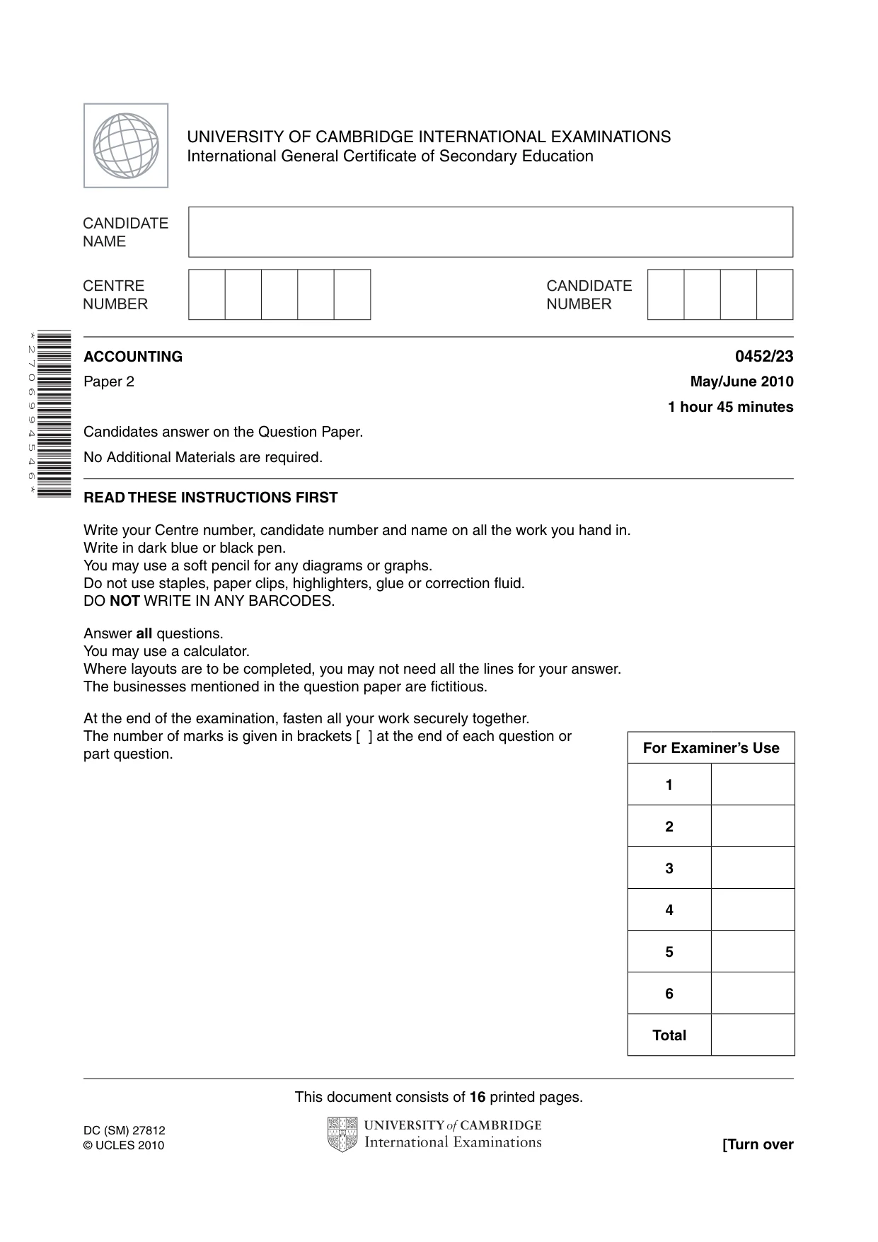 Cambridge IGCSE Accounting 0452 2010 May/June Paper 2 · Variant 3 question paper, page 1 of 16