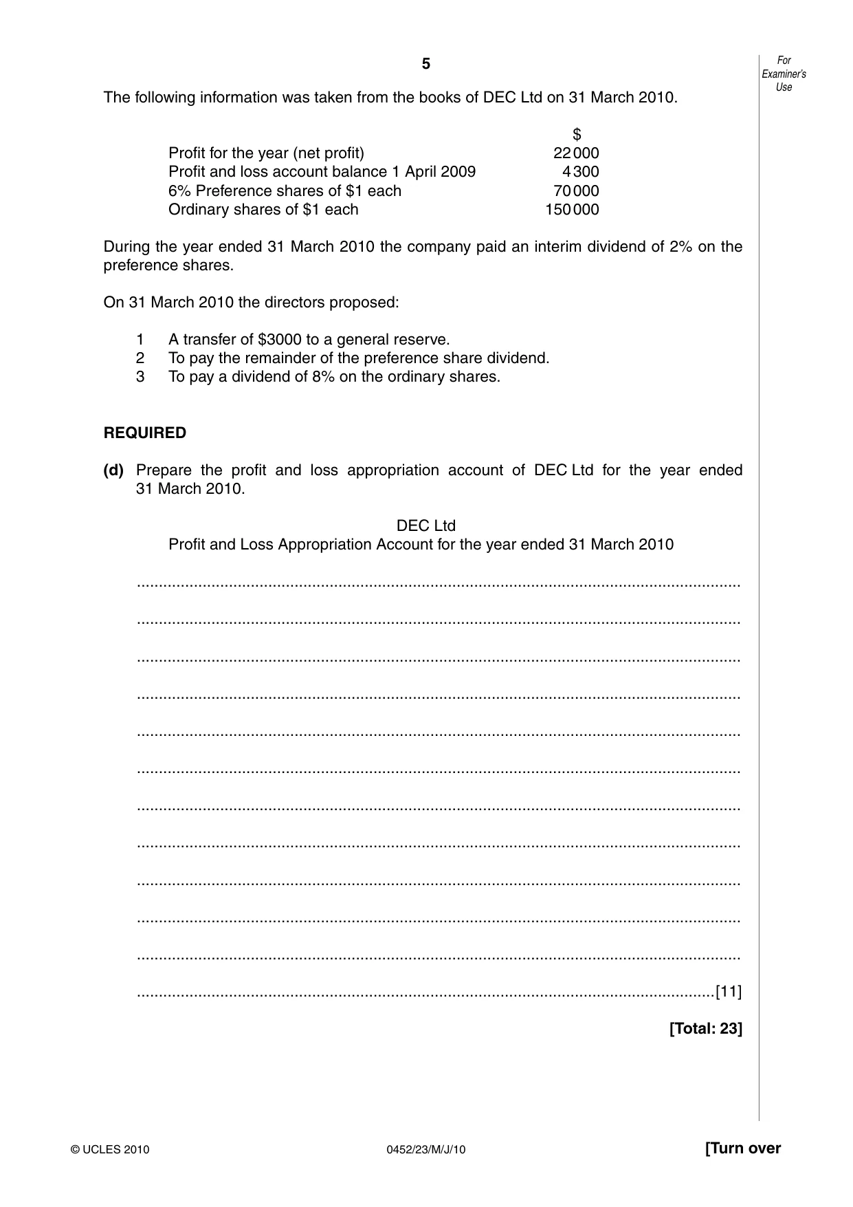Cambridge IGCSE Accounting 0452 2010 May/June Paper 2 · Variant 3 question paper, page 5 of 16