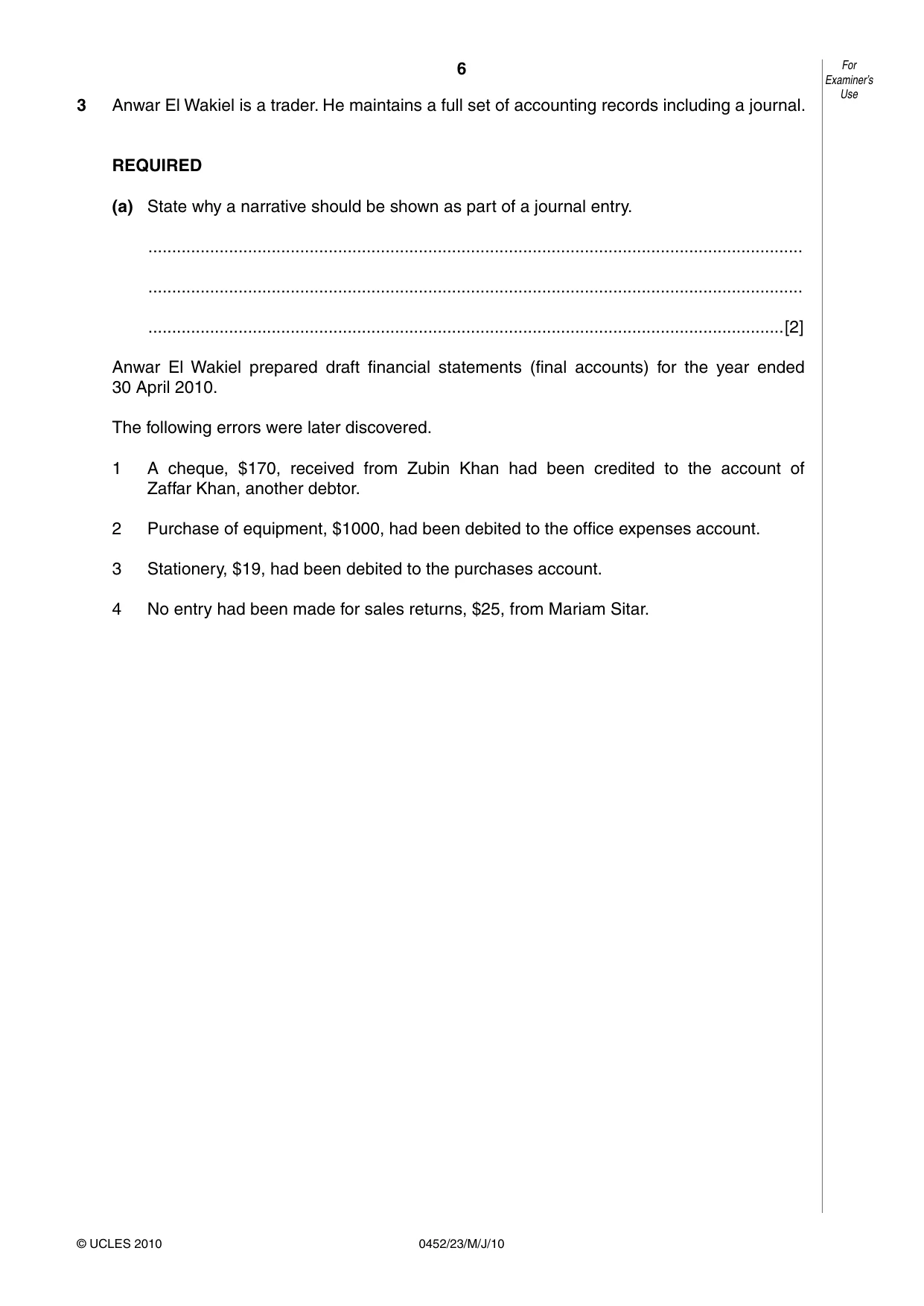 Cambridge IGCSE Accounting 0452 2010 May/June Paper 2 · Variant 3 question paper, page 6 of 16