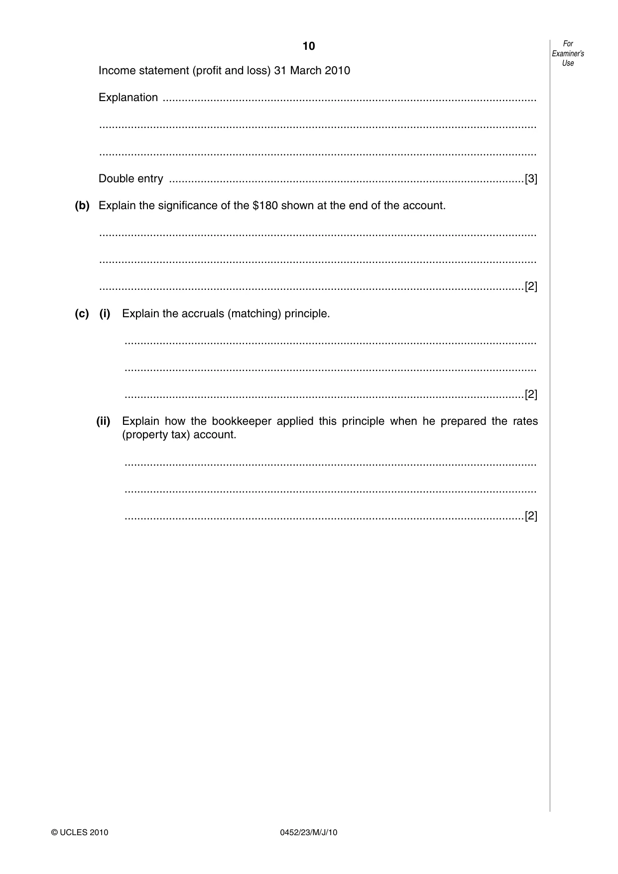 Cambridge IGCSE Accounting 0452 2010 May/June Paper 2 · Variant 3 question paper, page 10 of 16