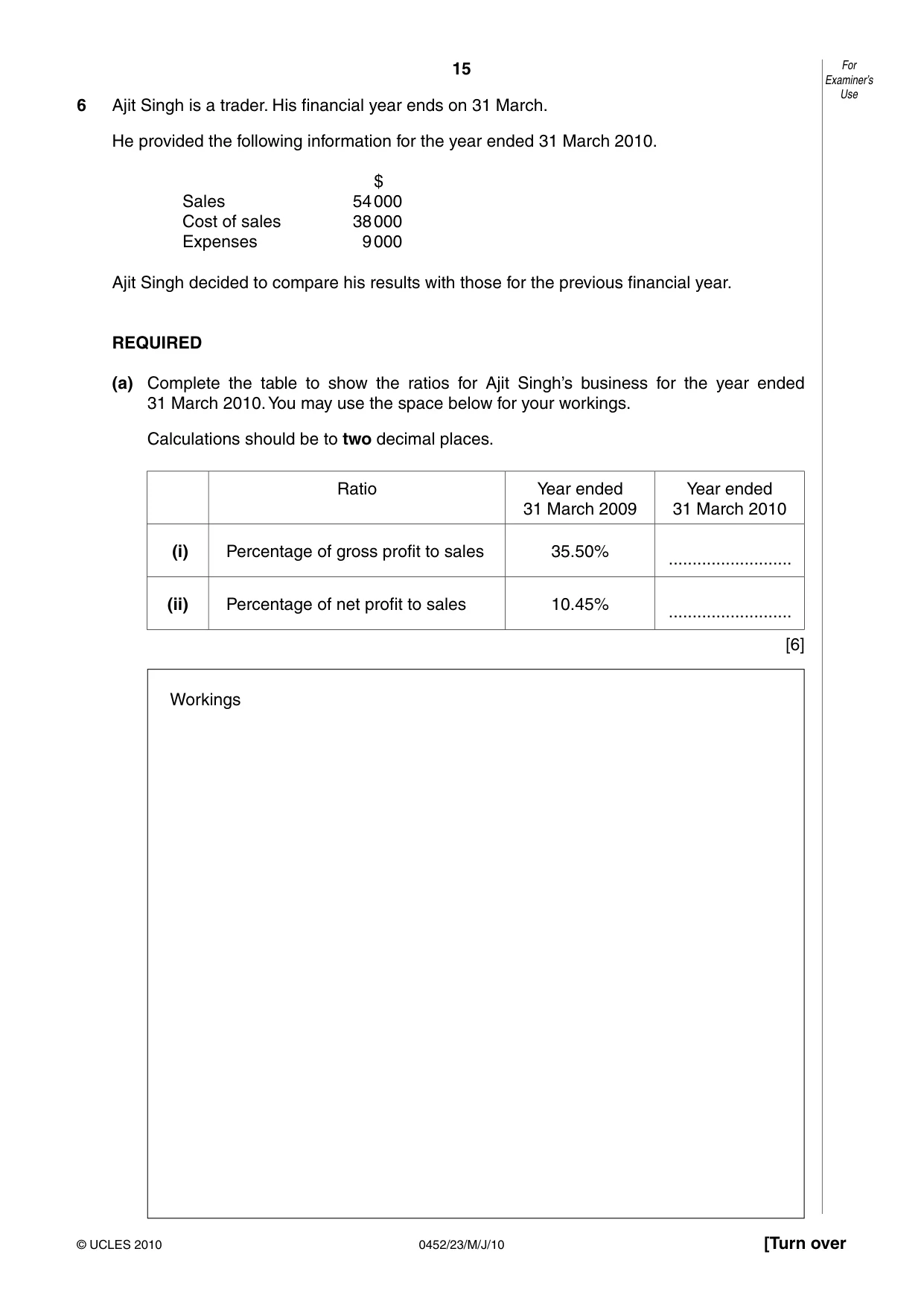 Cambridge IGCSE Accounting 0452 2010 May/June Paper 2 · Variant 3 question paper, page 15 of 16