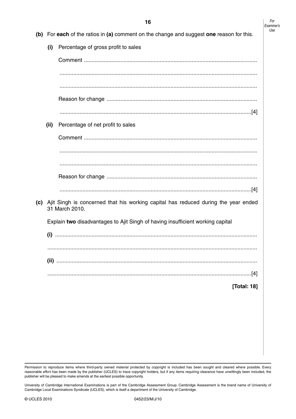 Cambridge IGCSE Accounting 0452 2010 May/June Paper 2 · Variant 3 question paper, page 16 of 16