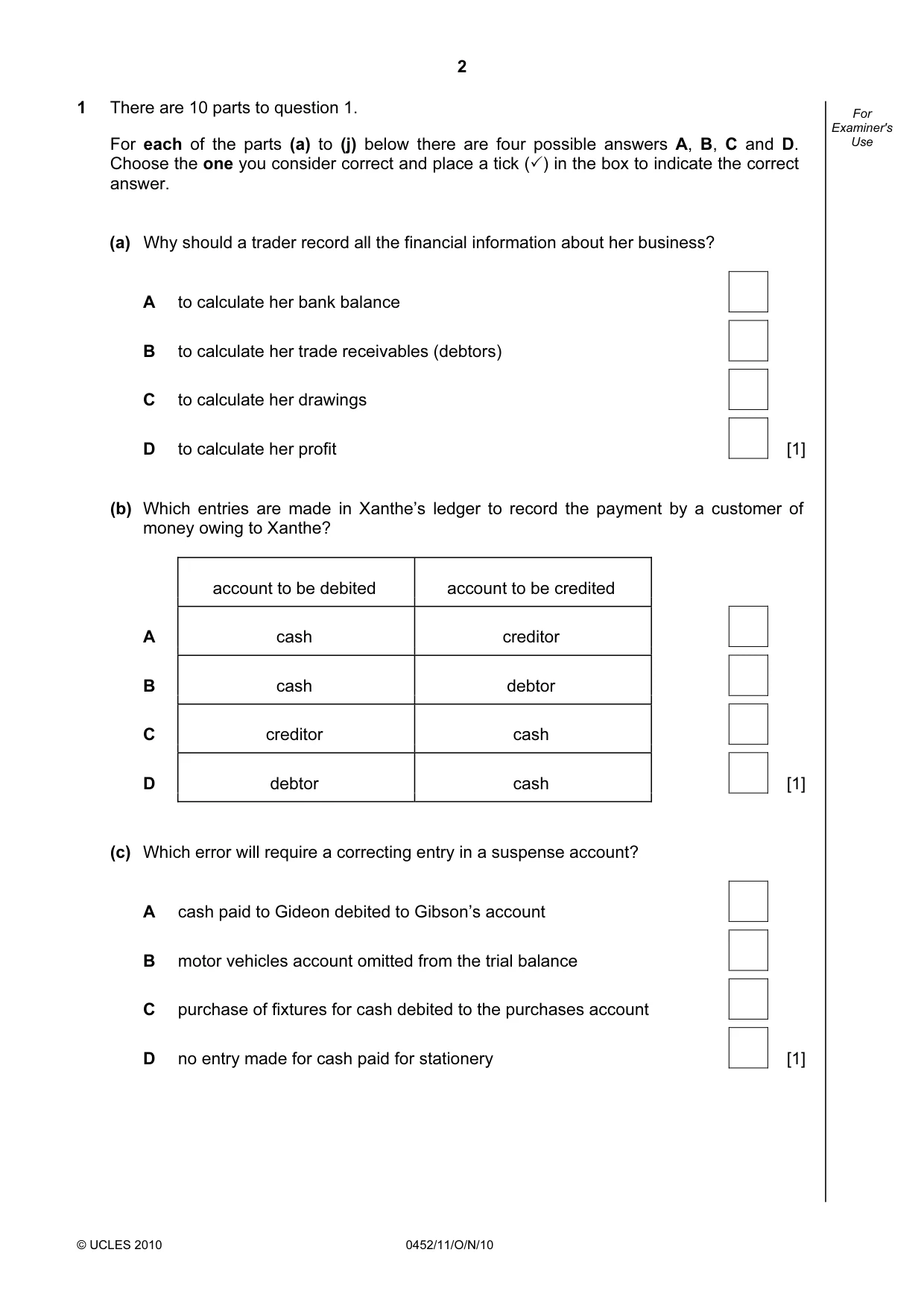 Cambridge IGCSE Accounting 0452 2010 Oct/Nov Paper 1 · Variant 1 question paper, page 2 of 20