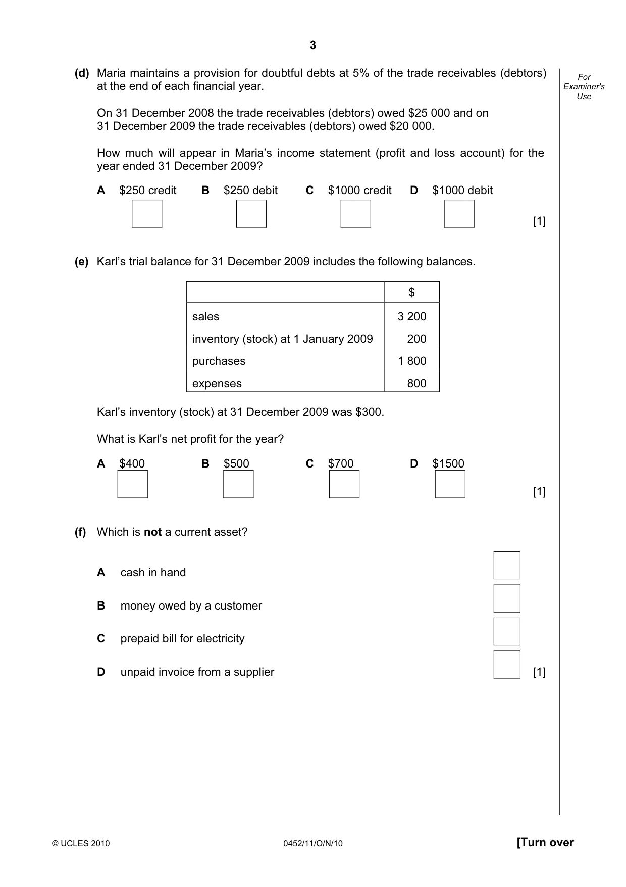 Cambridge IGCSE Accounting 0452 2010 Oct/Nov Paper 1 · Variant 1 question paper, page 3 of 20