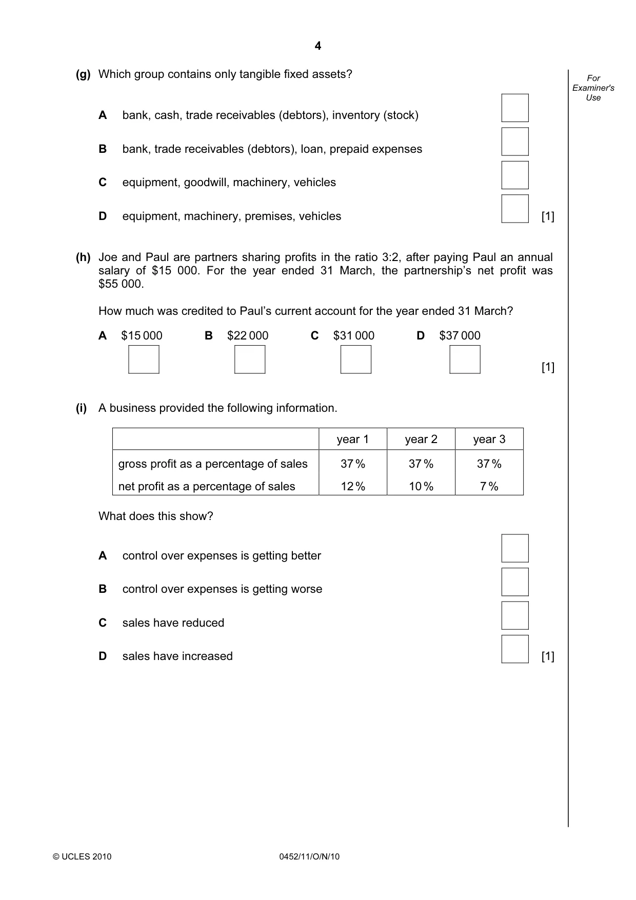 Cambridge IGCSE Accounting 0452 2010 Oct/Nov Paper 1 · Variant 1 question paper, page 4 of 20