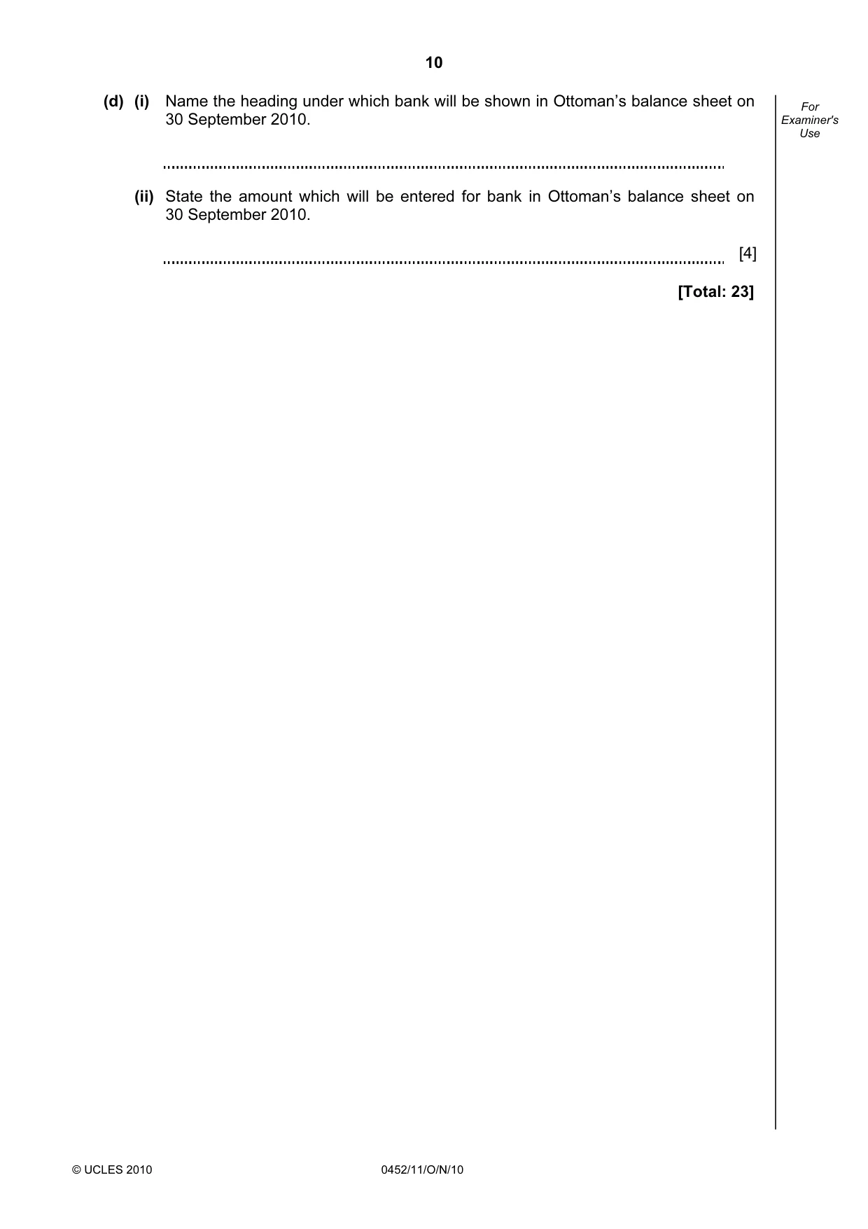 Cambridge IGCSE Accounting 0452 2010 Oct/Nov Paper 1 · Variant 1 question paper, page 10 of 20