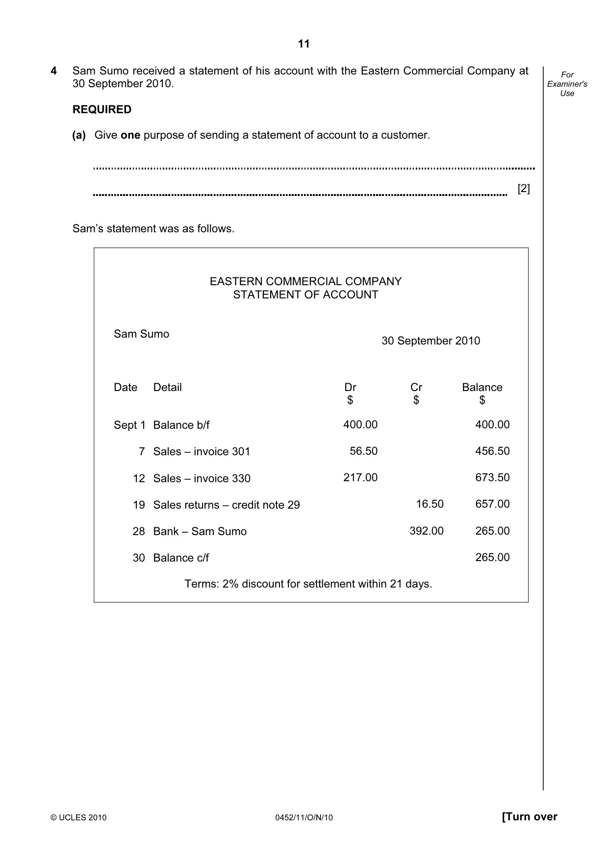 Cambridge IGCSE Accounting 0452 2010 Oct/Nov Paper 1 · Variant 1 question paper, page 11 of 20