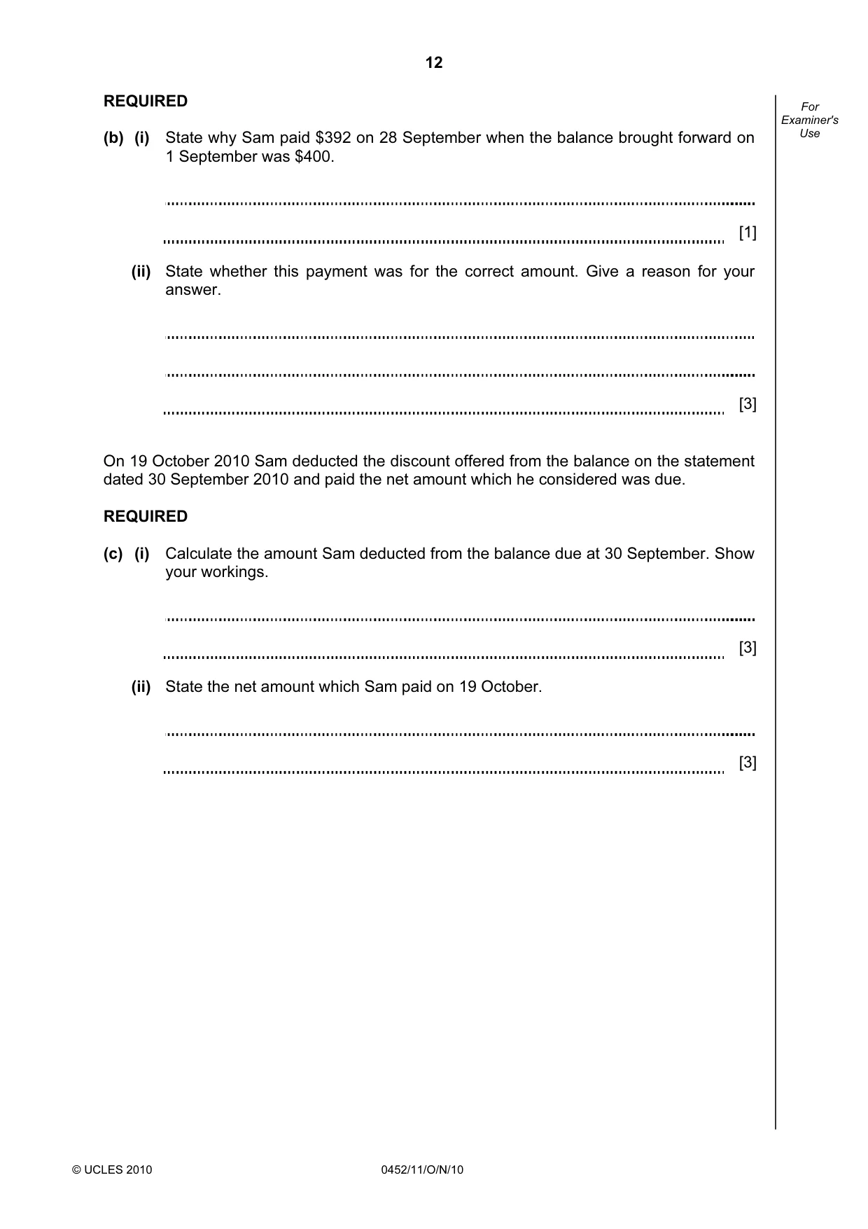 Cambridge IGCSE Accounting 0452 2010 Oct/Nov Paper 1 · Variant 1 question paper, page 12 of 20