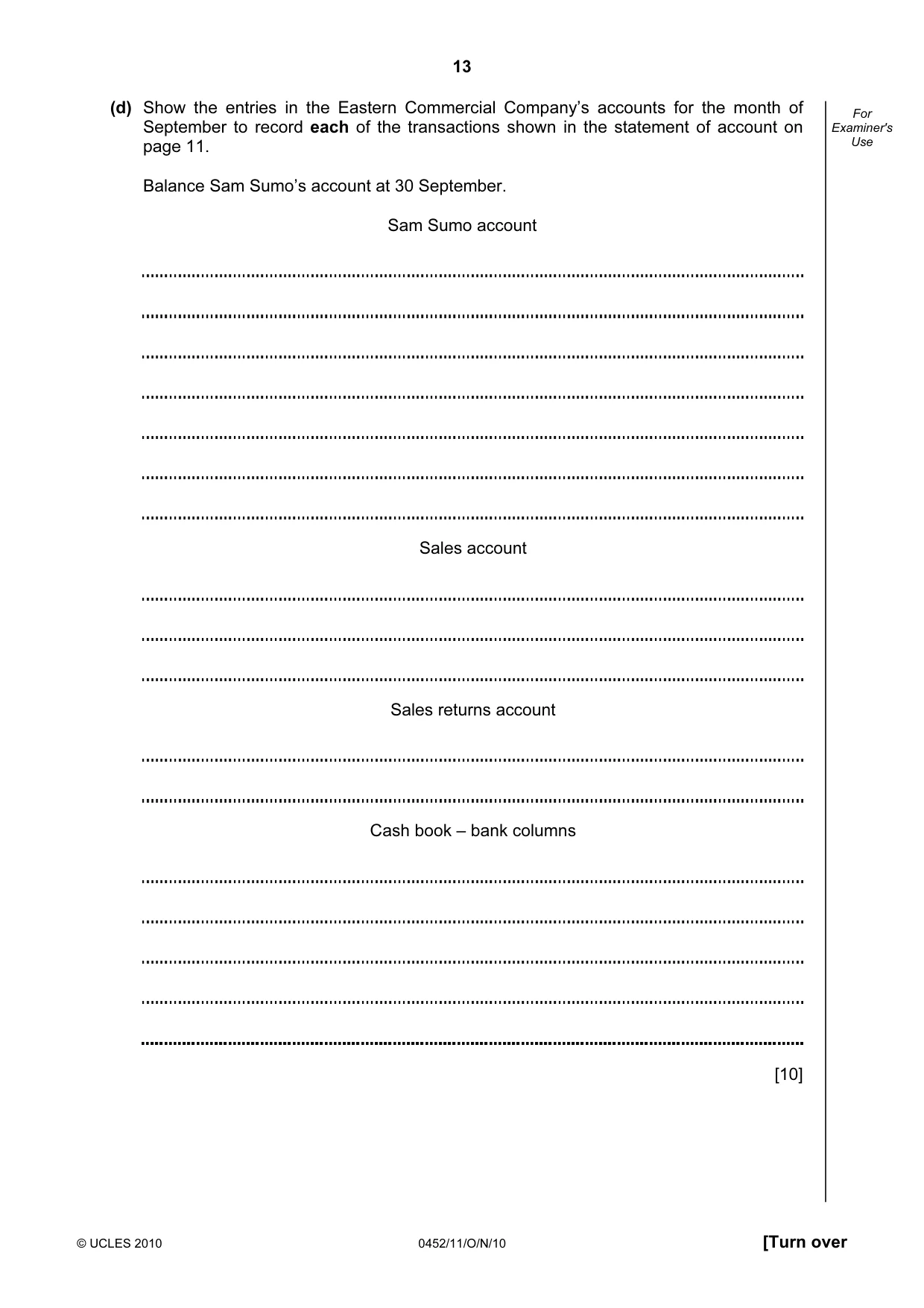 Cambridge IGCSE Accounting 0452 2010 Oct/Nov Paper 1 · Variant 1 question paper, page 13 of 20