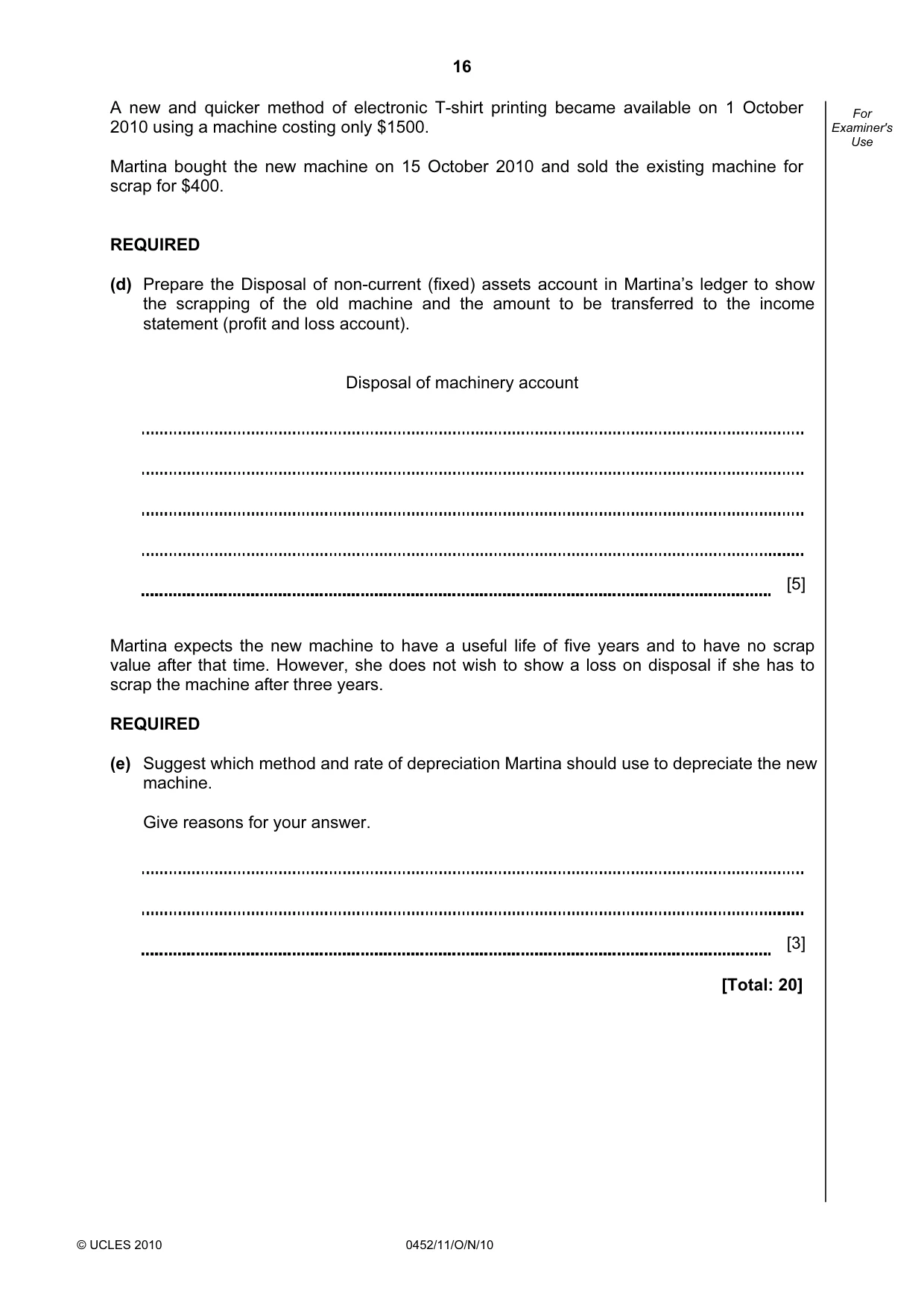 Cambridge IGCSE Accounting 0452 2010 Oct/Nov Paper 1 · Variant 1 question paper, page 16 of 20