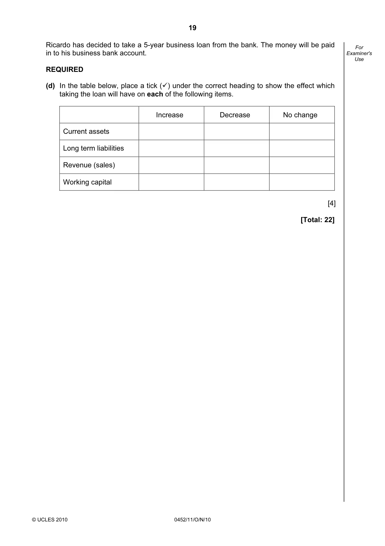 Cambridge IGCSE Accounting 0452 2010 Oct/Nov Paper 1 · Variant 1 question paper, page 19 of 20