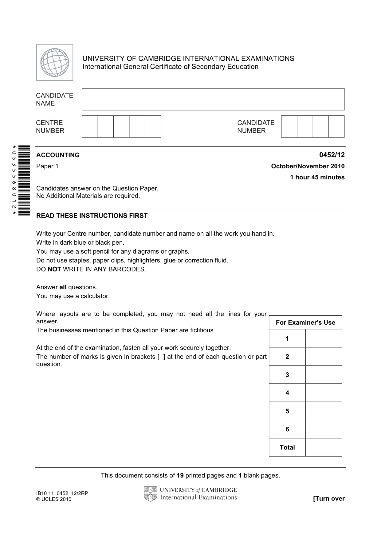 Cambridge IGCSE Accounting 0452 2010 Oct/Nov Paper 1 · Variant 2 question paper, page 1 of 20