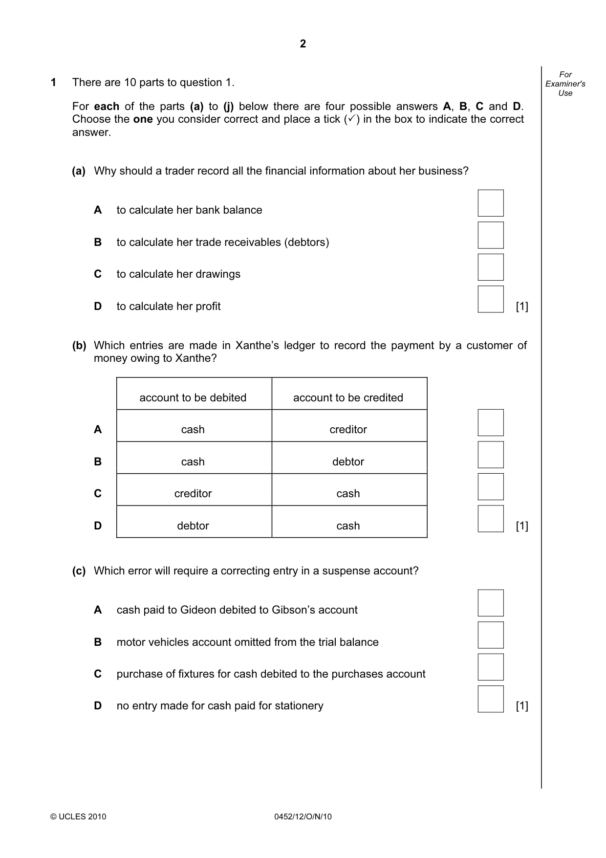 Cambridge IGCSE Accounting 0452 2010 Oct/Nov Paper 1 · Variant 2 question paper, page 2 of 20