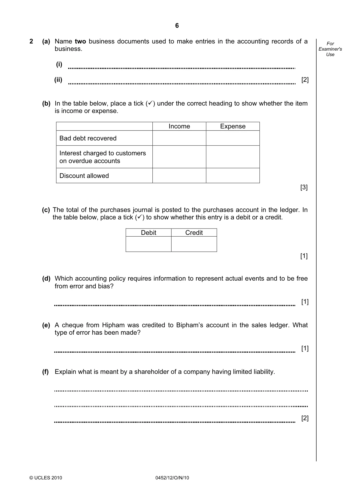 Cambridge IGCSE Accounting 0452 2010 Oct/Nov Paper 1 · Variant 2 question paper, page 6 of 20