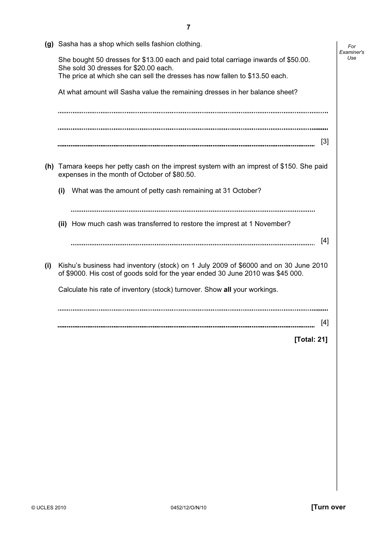 Cambridge IGCSE Accounting 0452 2010 Oct/Nov Paper 1 · Variant 2 question paper, page 7 of 20