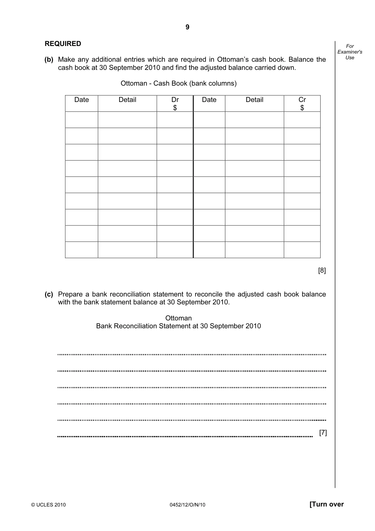 Cambridge IGCSE Accounting 0452 2010 Oct/Nov Paper 1 · Variant 2 question paper, page 9 of 20