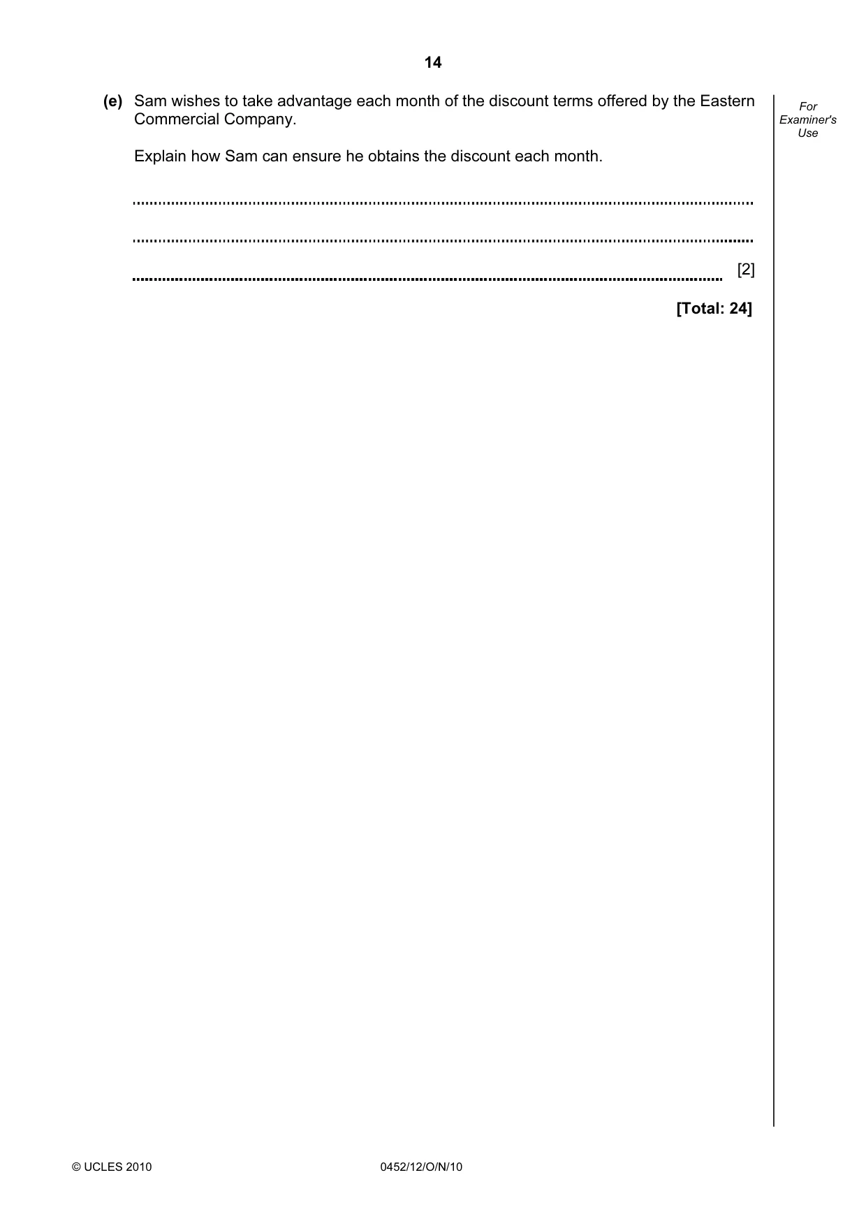 Cambridge IGCSE Accounting 0452 2010 Oct/Nov Paper 1 · Variant 2 question paper, page 14 of 20