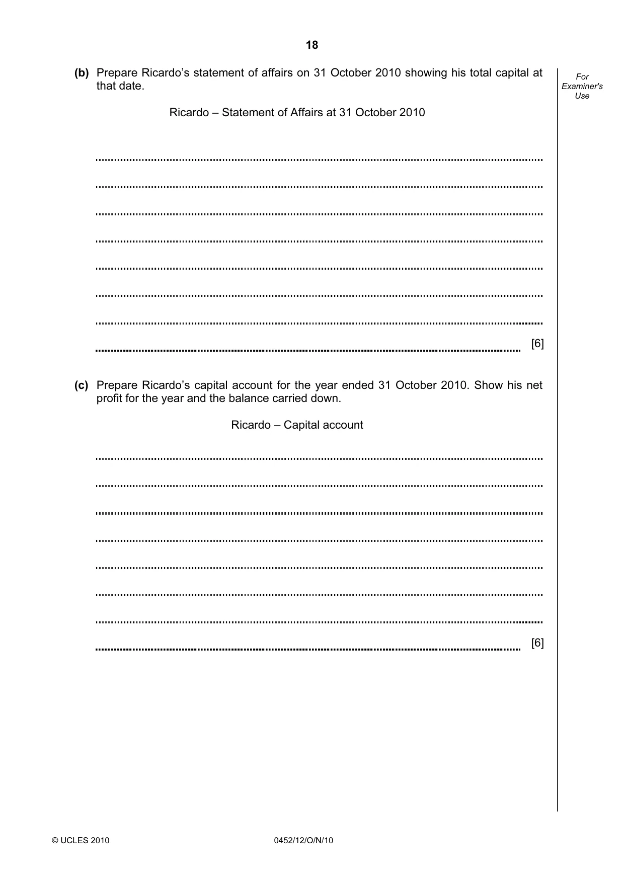 Cambridge IGCSE Accounting 0452 2010 Oct/Nov Paper 1 · Variant 2 question paper, page 18 of 20