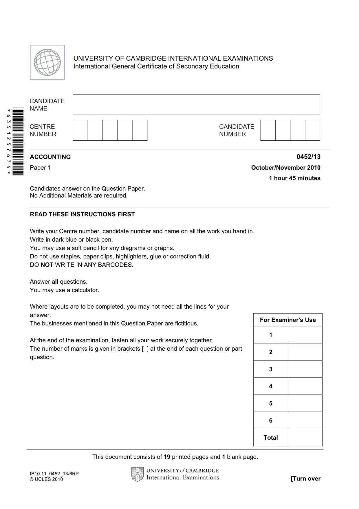 Cambridge IGCSE Accounting 0452 2010 Oct/Nov Paper 1 · Variant 3 question paper, page 1 of 20