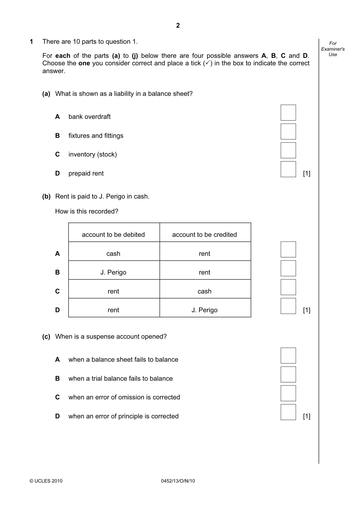 Cambridge IGCSE Accounting 0452 2010 Oct/Nov Paper 1 · Variant 3 question paper, page 2 of 20