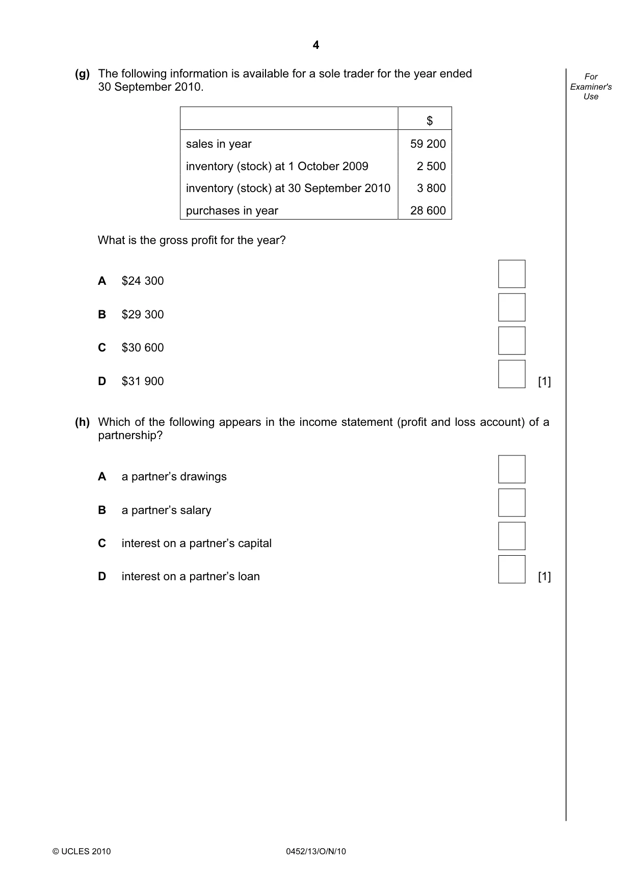 Cambridge IGCSE Accounting 0452 2010 Oct/Nov Paper 1 · Variant 3 question paper, page 4 of 20