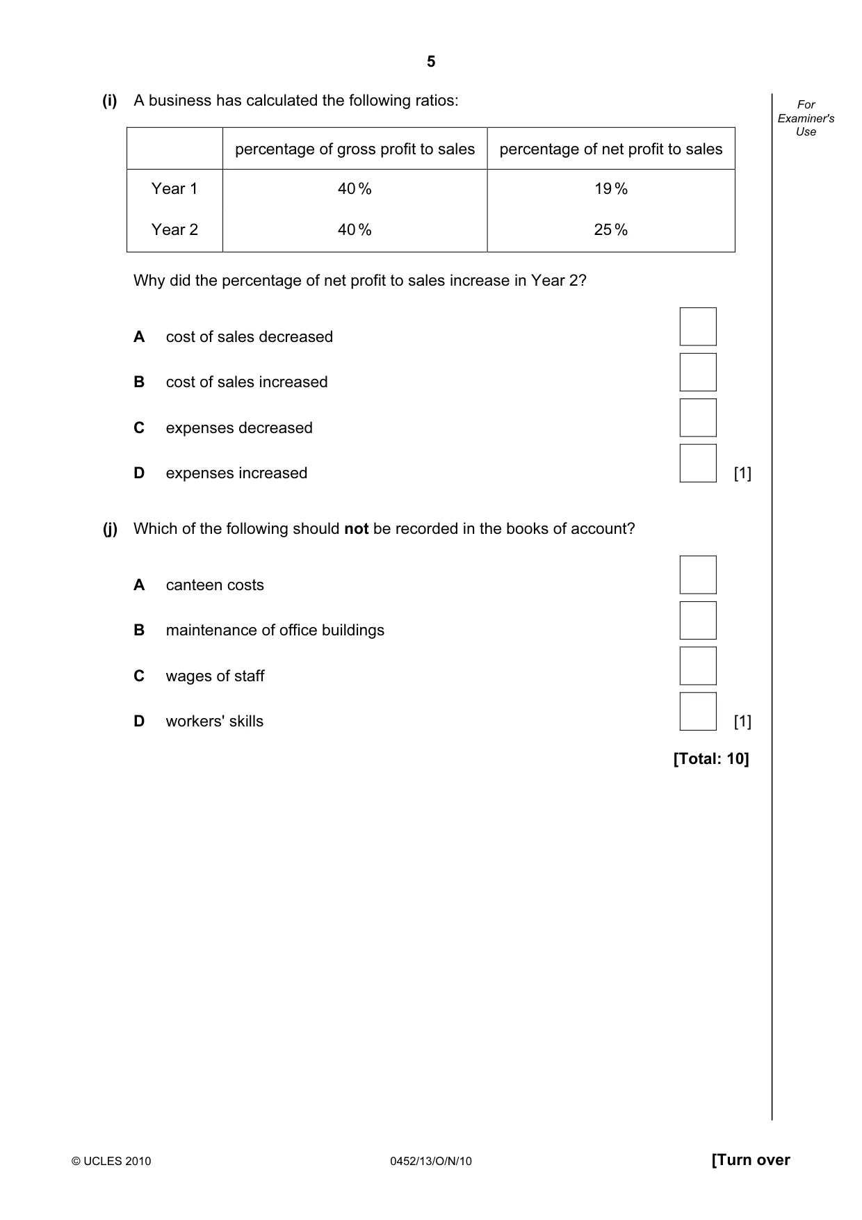 Cambridge IGCSE Accounting 0452 2010 Oct/Nov Paper 1 · Variant 3 question paper, page 5 of 20