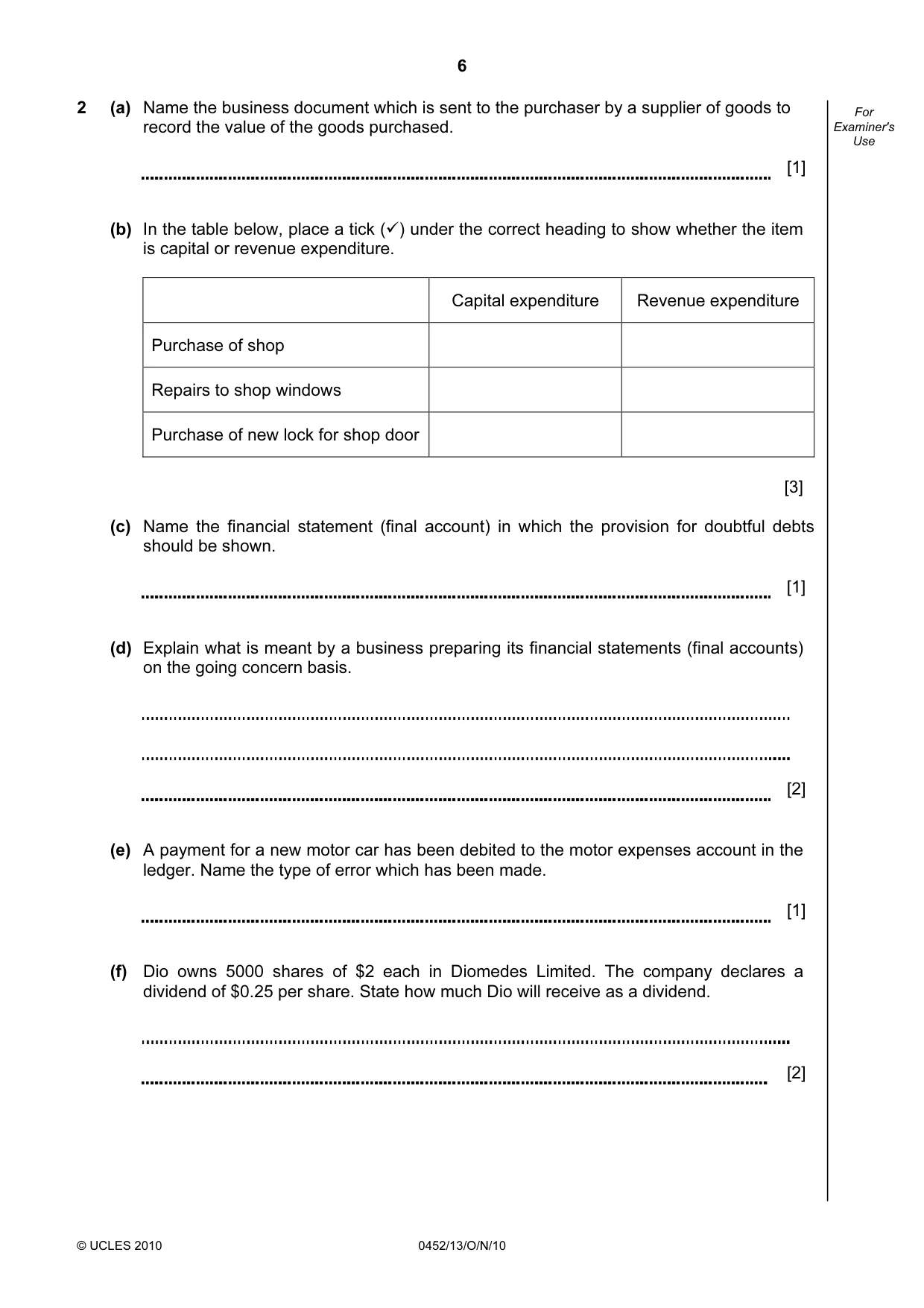 Cambridge IGCSE Accounting 0452 2010 Oct/Nov Paper 1 · Variant 3 question paper, page 6 of 20