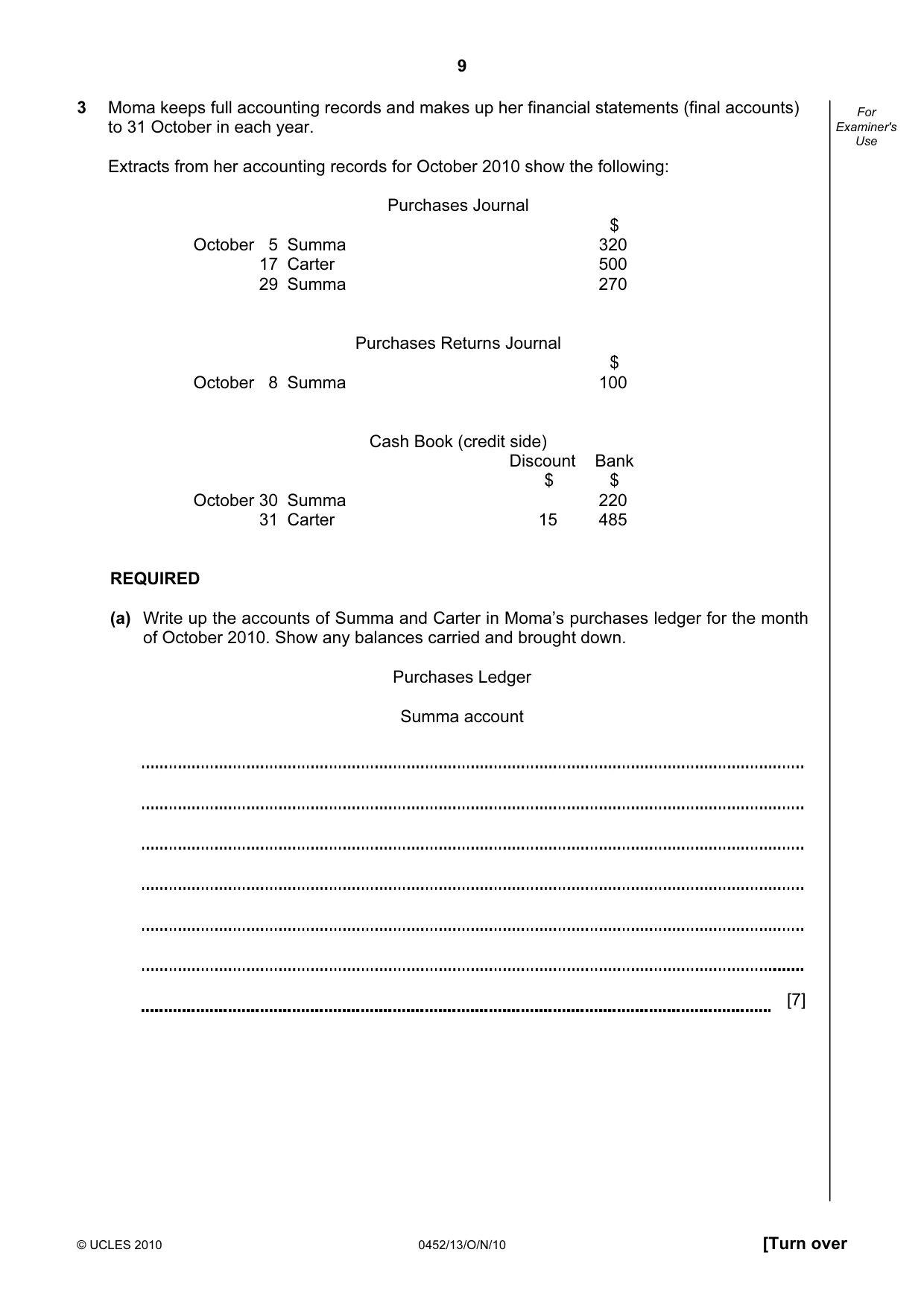 Cambridge IGCSE Accounting 0452 2010 Oct/Nov Paper 1 · Variant 3 question paper, page 9 of 20