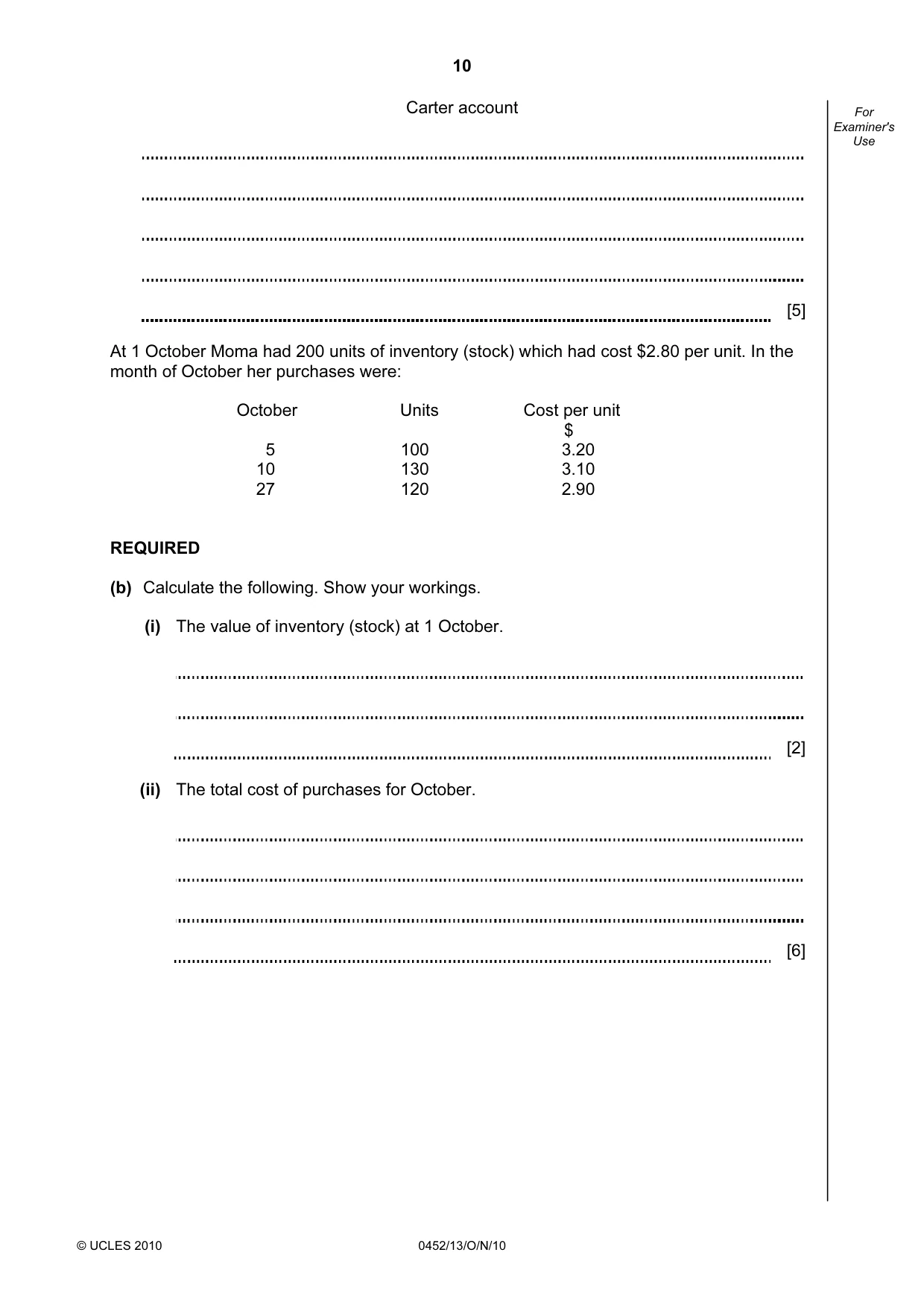 Cambridge IGCSE Accounting 0452 2010 Oct/Nov Paper 1 · Variant 3 question paper, page 10 of 20