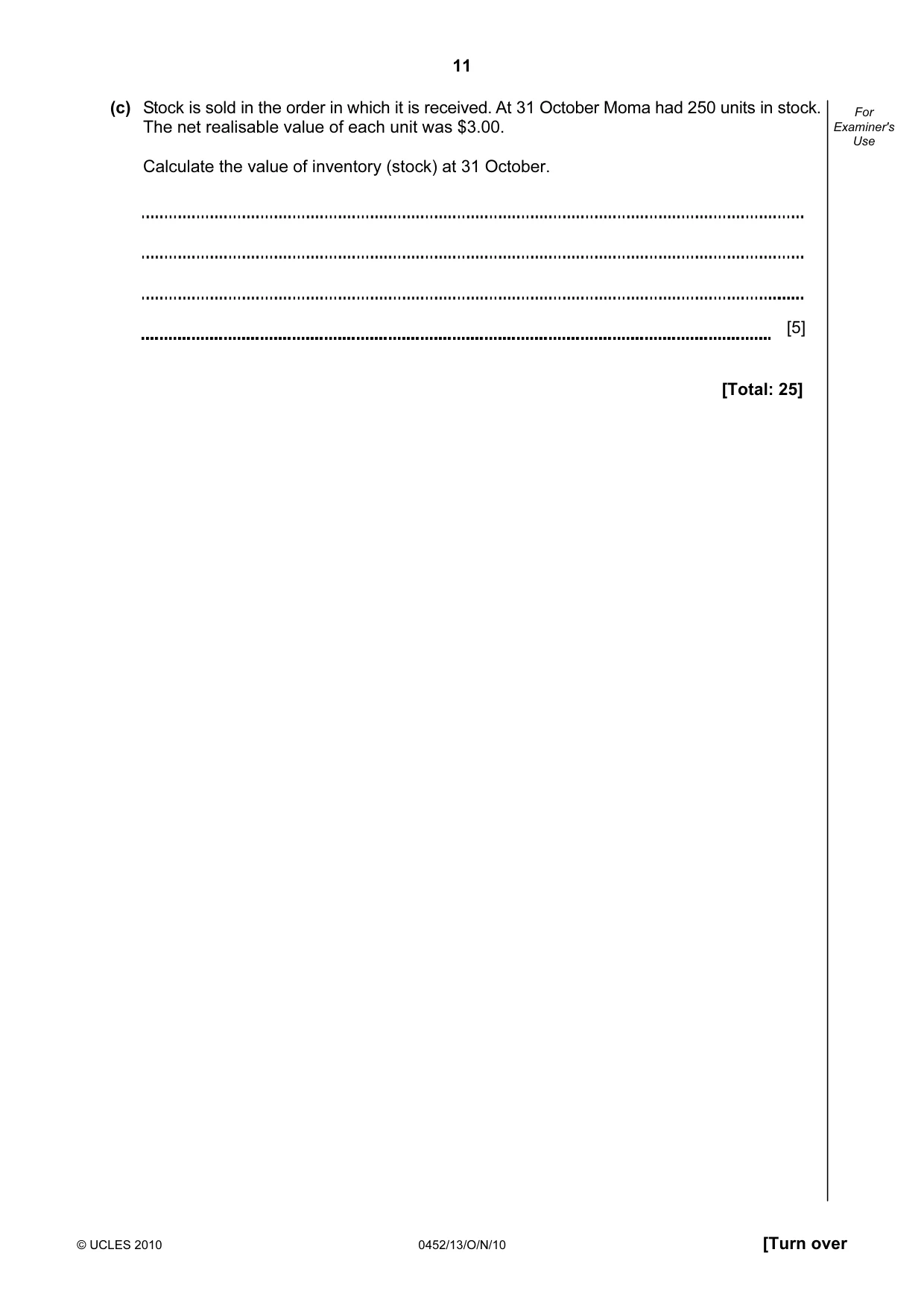 Cambridge IGCSE Accounting 0452 2010 Oct/Nov Paper 1 · Variant 3 question paper, page 11 of 20