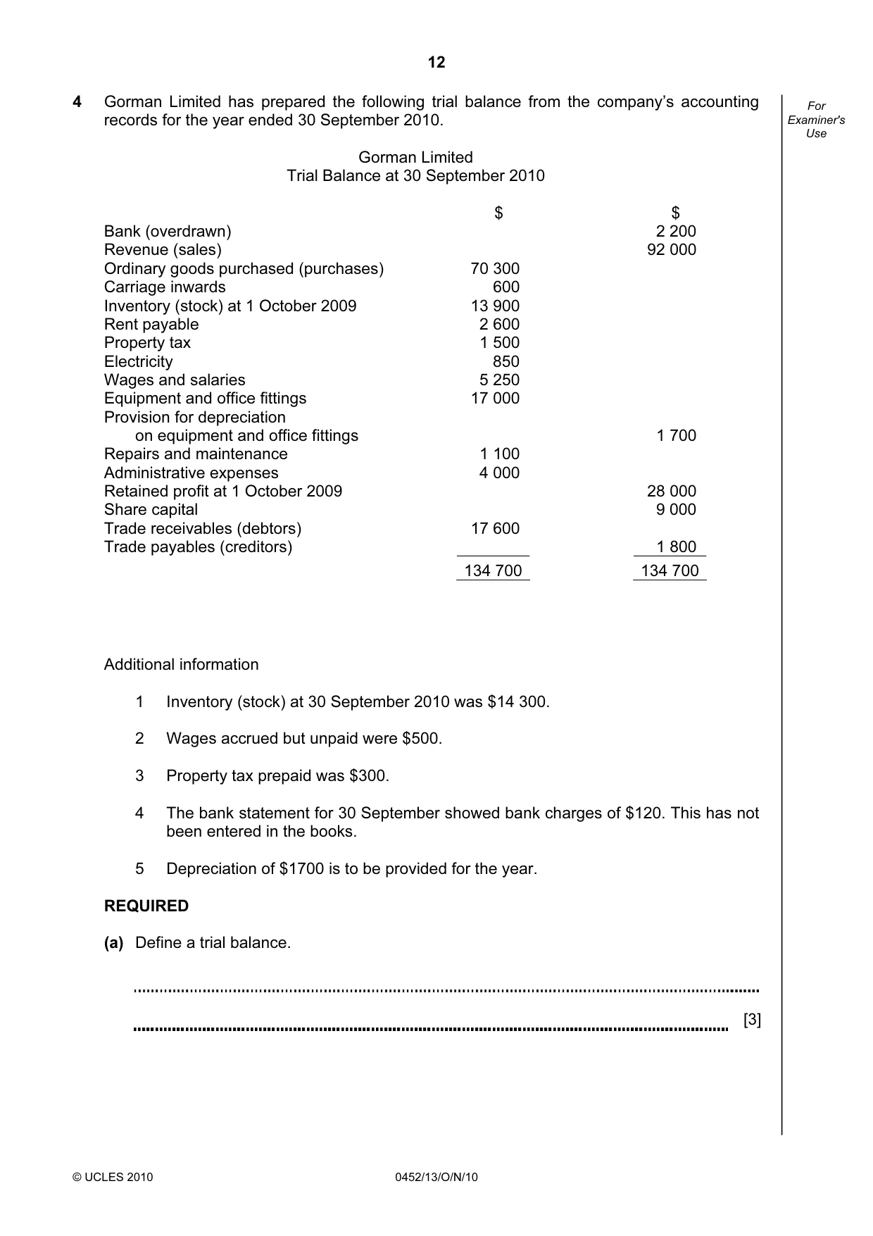 Cambridge IGCSE Accounting 0452 2010 Oct/Nov Paper 1 · Variant 3 question paper, page 12 of 20
