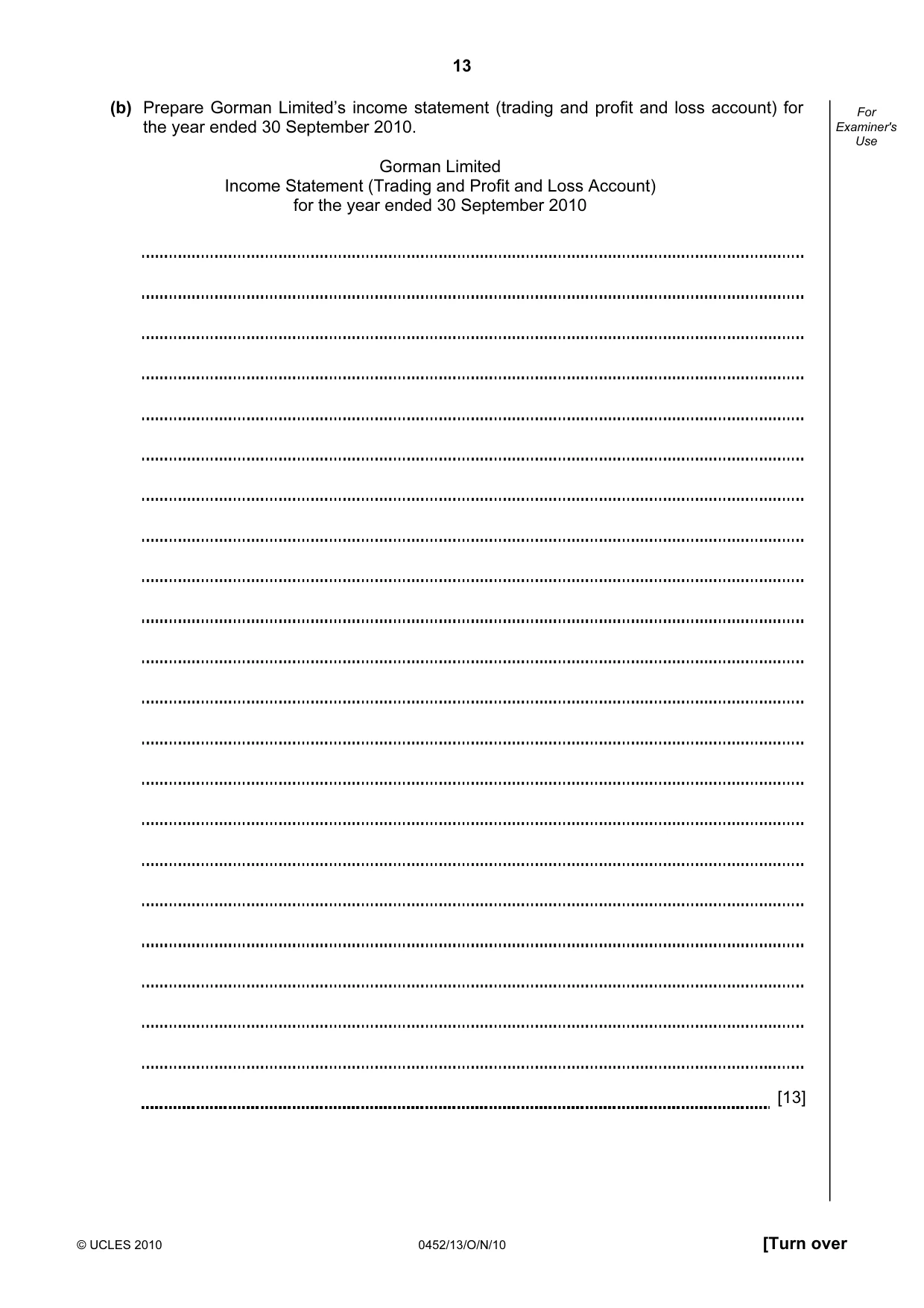 Cambridge IGCSE Accounting 0452 2010 Oct/Nov Paper 1 · Variant 3 question paper, page 13 of 20