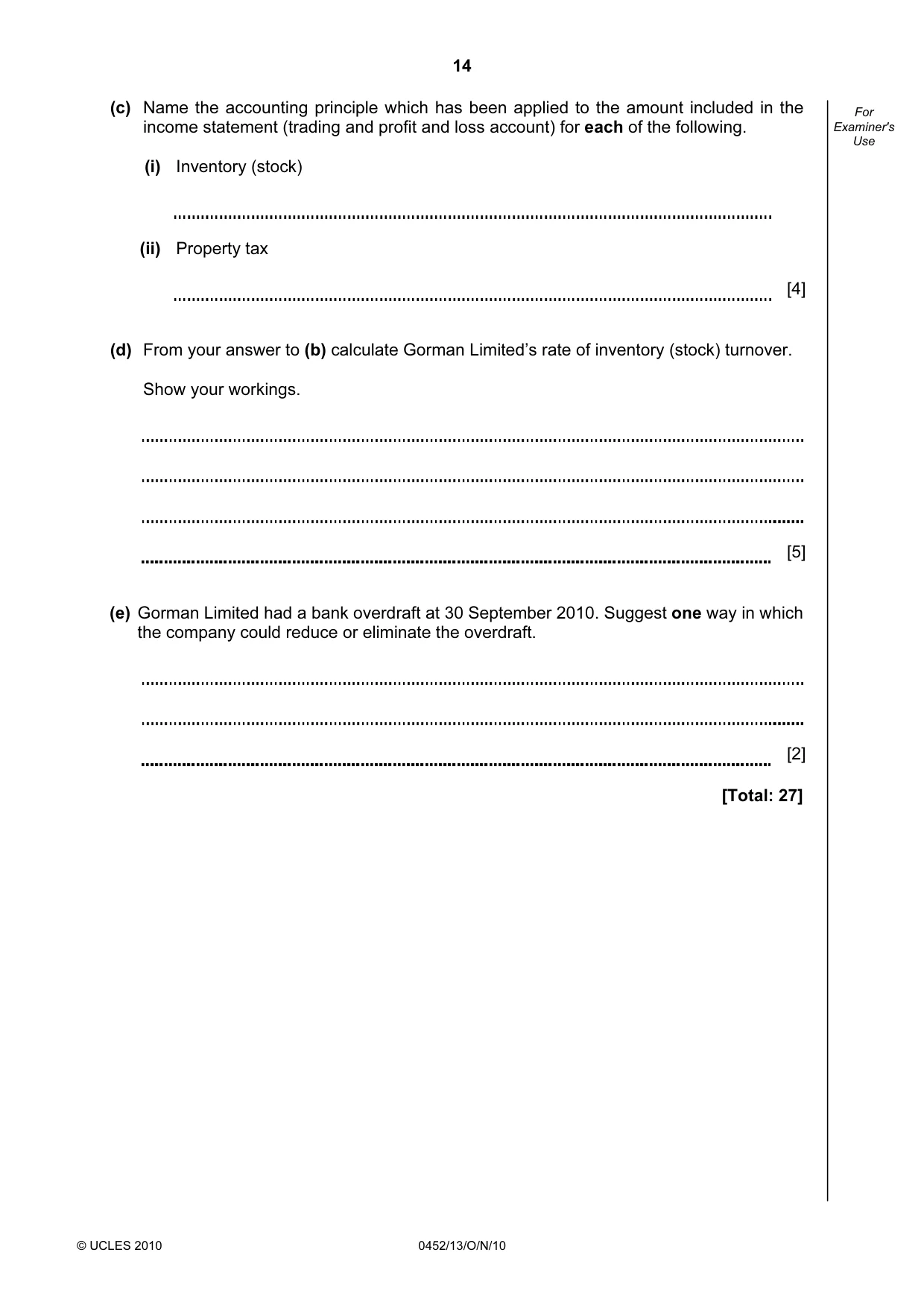 Cambridge IGCSE Accounting 0452 2010 Oct/Nov Paper 1 · Variant 3 question paper, page 14 of 20