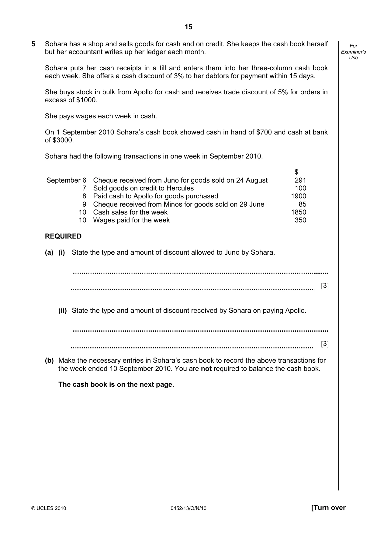 Cambridge IGCSE Accounting 0452 2010 Oct/Nov Paper 1 · Variant 3 question paper, page 15 of 20