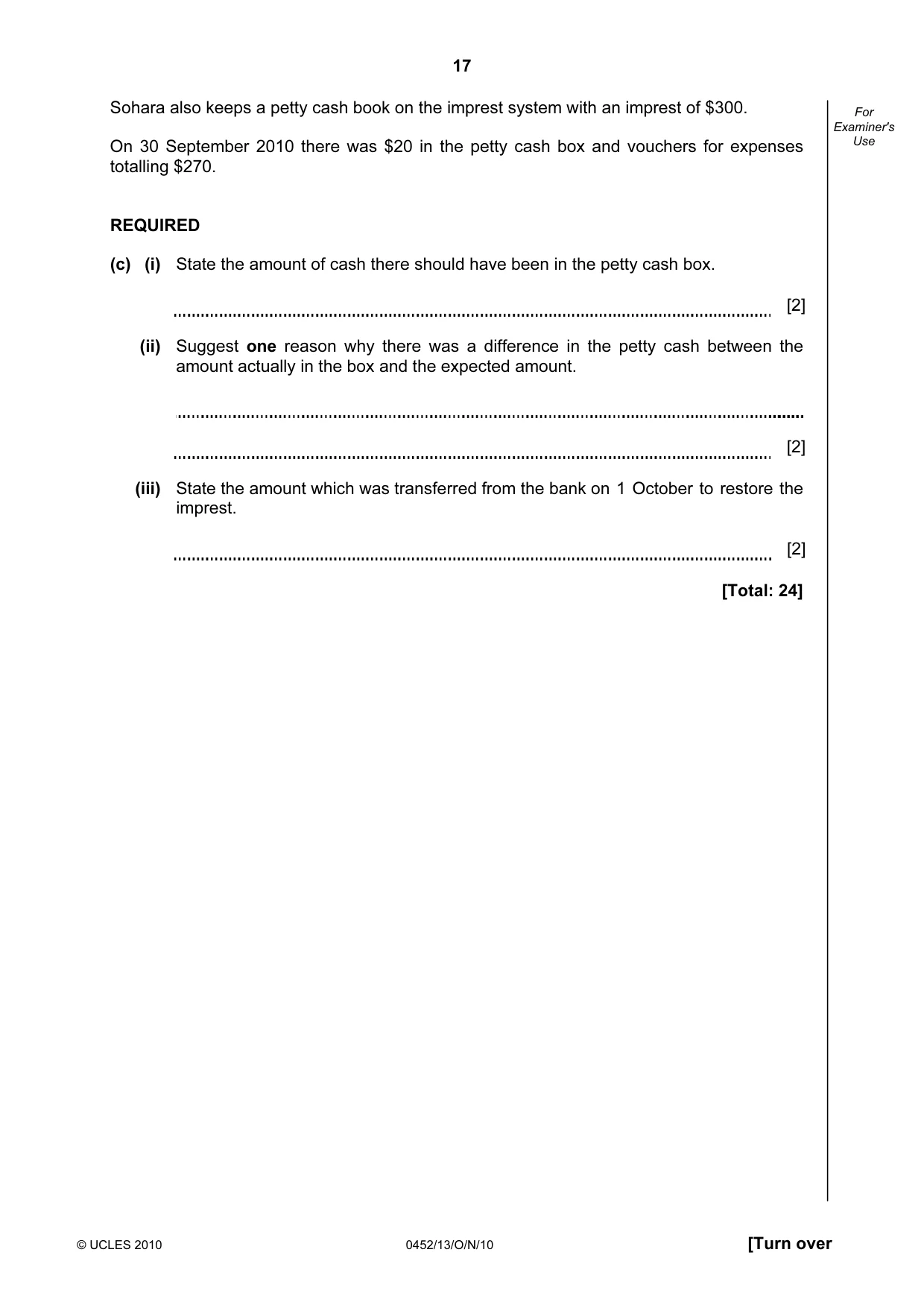 Cambridge IGCSE Accounting 0452 2010 Oct/Nov Paper 1 · Variant 3 question paper, page 17 of 20